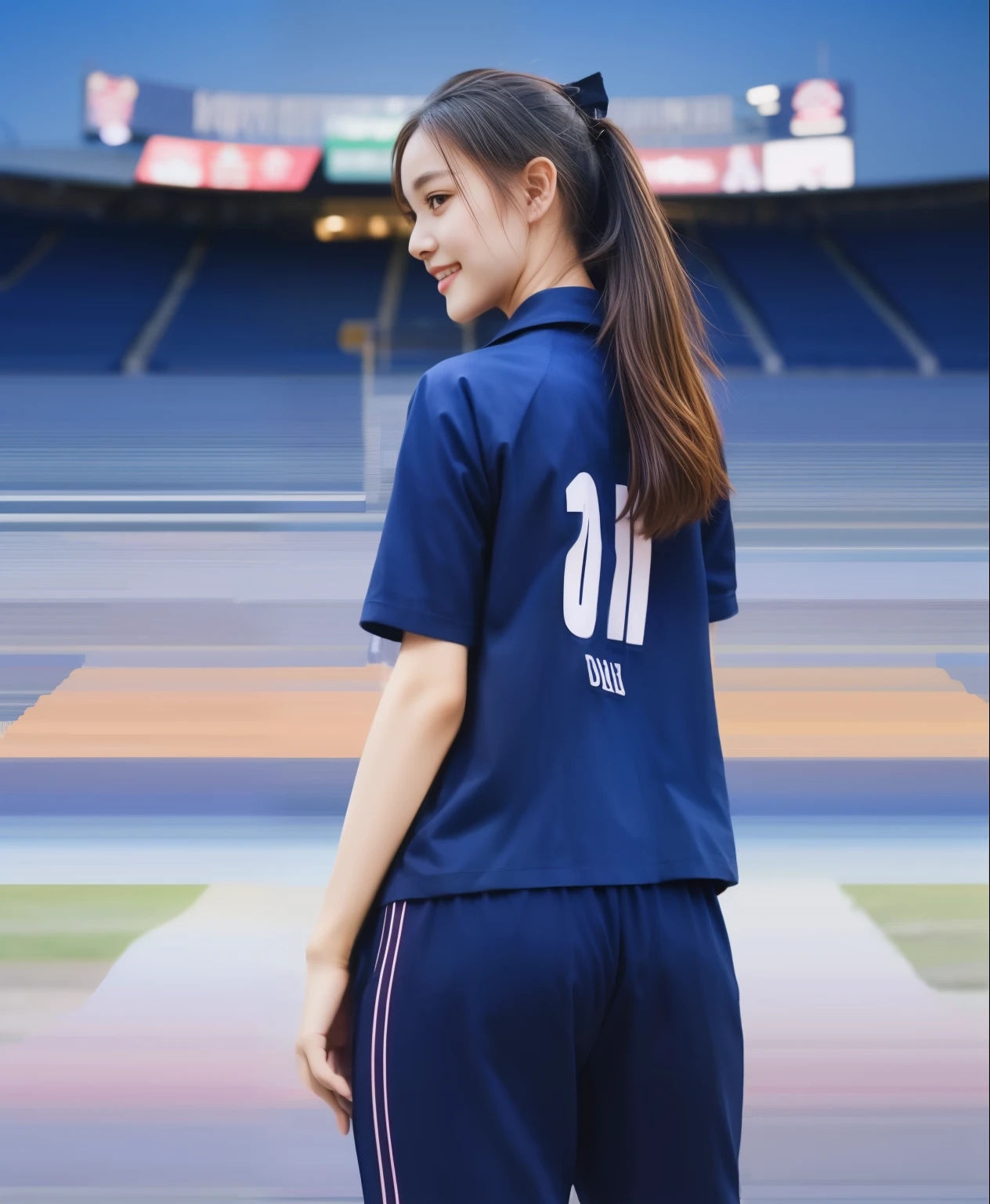 (best quality,10,10,height,Masterpiece:1.2),Special details,(realistic,ภาพrealistic,Realistic photos:1.37),1 cute girl on the football field,shiny, ผิวshiny,only,smile softly,BDclothelue shirt:1.3)),short sleeve,shirt, กางเกงขาlong.,(navy_long_track pants:1.1), ((stadium background:1.3)),Dynamic angle,excited,Face focus,dynamic poses,from behind,focus on ass,Masterpiece, best quality, ultra realistic, hyper-detail, 8K resolution, raw photos, Sharp focus, ((Navy blue shirt:1.1)), short sleeve, เส้นทางlong, perfect body, 2 mature women, 18 years old, Cinema-grade lighting system,blue sweatpants,shirtผ้าออกกำลังกาย,correct anatomy,perfect body, correct body, Sharp face, correct bodyทางกายวิภาค, full body, realistic gestures, long-haired, realistic poses,Wear long shorts................................,ช่วงขาlong,Good shape,carved girl, Slender figure, model, Good shape, beautiful body,blue sweatpants, two girls kissing