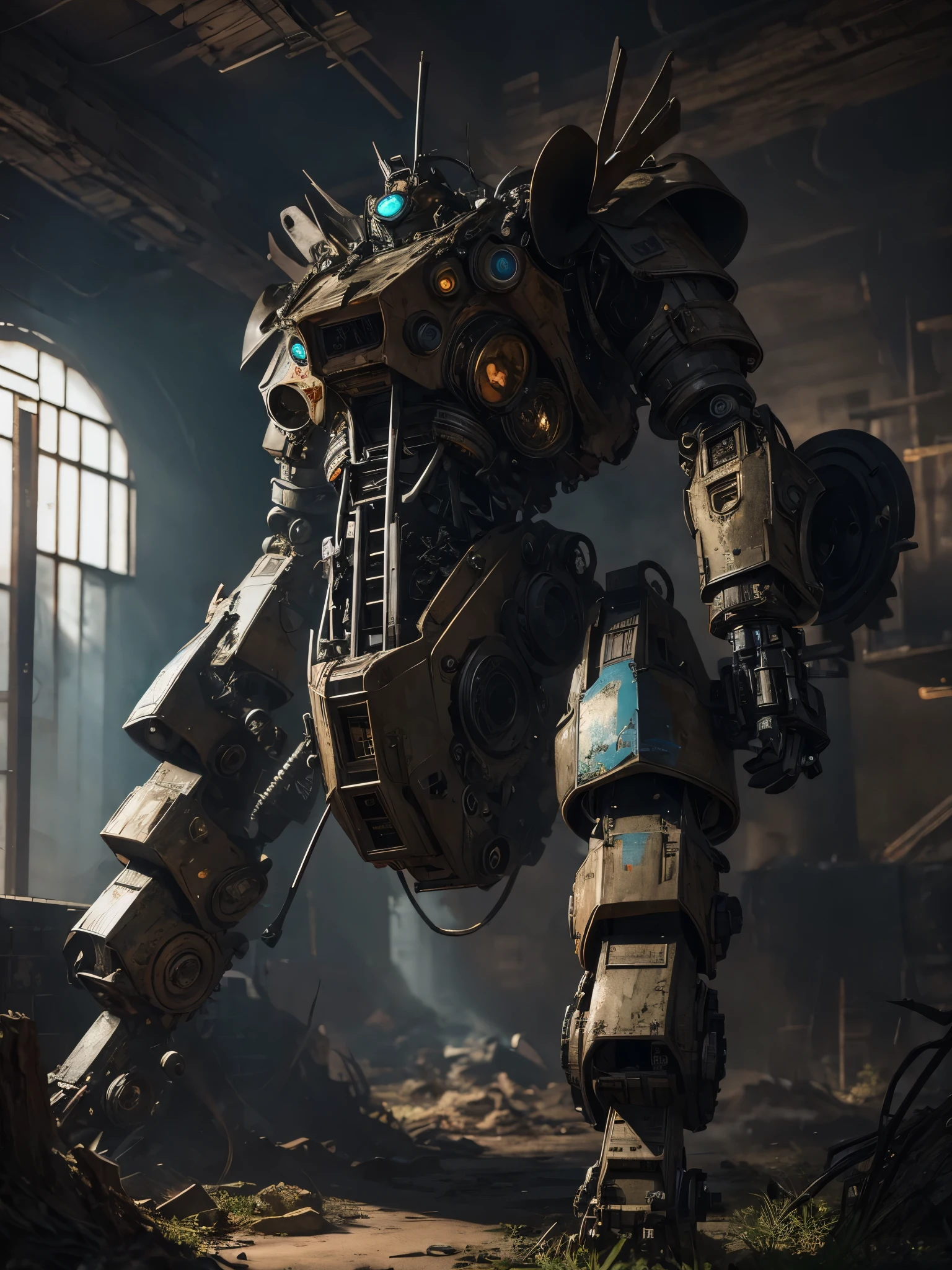 wilderness,Overgrown,A huge abandoned mecha head abandoned in the weeds,close up,thick dust,soil,Rust mottled,Break the shell,露出内部complicated机械装置,Sunlight shines on the fuselage through the branches,Tyndall effect,realistic raytracing,True light reflection,8k,Ultra-fine,Surreal,super detailed,complicated,precise,masterpiece
