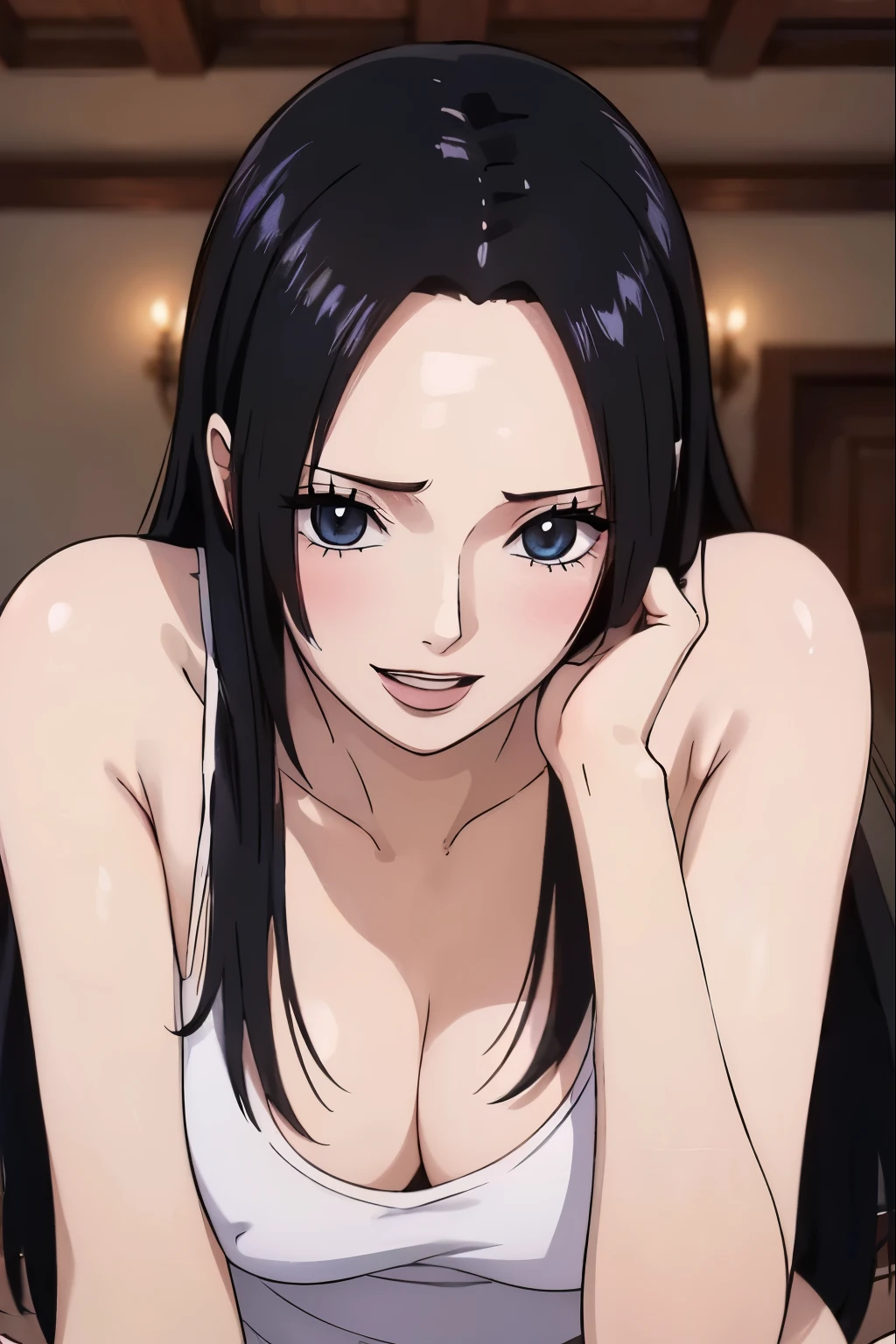 (((masterpiece))), (((best quality))), ((ultra-detailed)), (highly detailed CG illustration), Boa Hancock, (nsfw:1.4), (masterpiece:1.5), Detailed Photo, Smiling, Sexy, (Best Quality: 1.4), (1girl), Beautiful Face, (Black Hair, long Hair: 1.3), Beautiful Hairstyle,  beautiful detail eyes, (realistic skin), beautiful skin, absurd, attractive, ultra high resolution, high definition, (sexually aroused:1.5), Pinkish white skin, cool white light, sexy pose, Beautiful , white background, pink soft white light, Wear a white tank top,