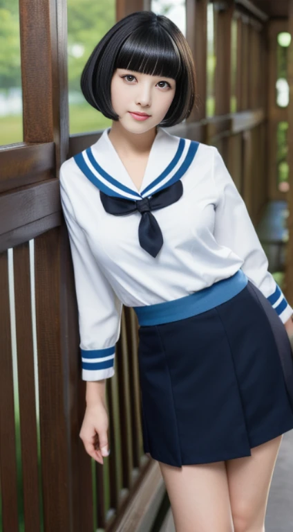 (highest resolution, clear_image), highest quality, masterpiece, very detailed, half realistic, 18-year-old, black haired woman, black eyes, mature, Mature female, emperor&#39;s sister, sexy, short bob cut hair, three bangs, sailor suit, black uniform, light blue mini skirt, School, classroom