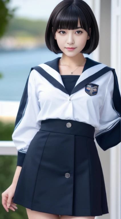 (highest resolution, clear_image), highest quality, masterpiece, very detailed, half realistic, 18-year-old, black haired woman, black eyes, mature, Mature female, emperor&#39;s sister, sexy, short bob cut hair, three bangs, sailor suit, black uniform, light blue mini skirt, School, classroom