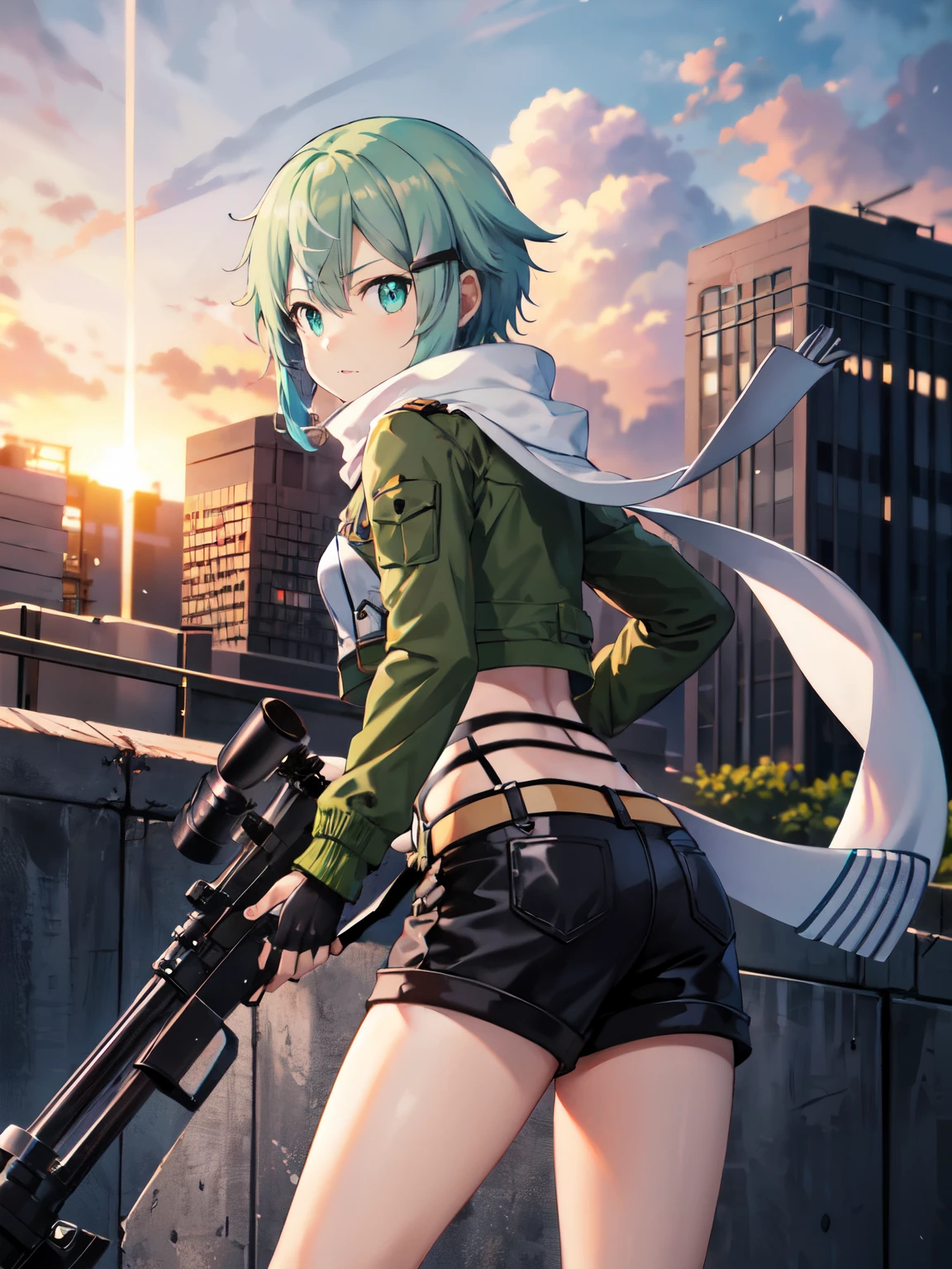 masterpiece, highest quality, High resolution, 1girl, sinon, scarf, fingerless gloves, long sleeve, black shorts, hair ornaments, Barrette, green jacket, （Sword Art Online）, sniper&#39;s stance, rooftop、倒壊した建物のrooftop、look through the scope、rifle gun, With a sniper rifle、With a sniper rifle, look through the scope, スナイパーライフルのlook through the scope, photograph,, ruins、wilderness