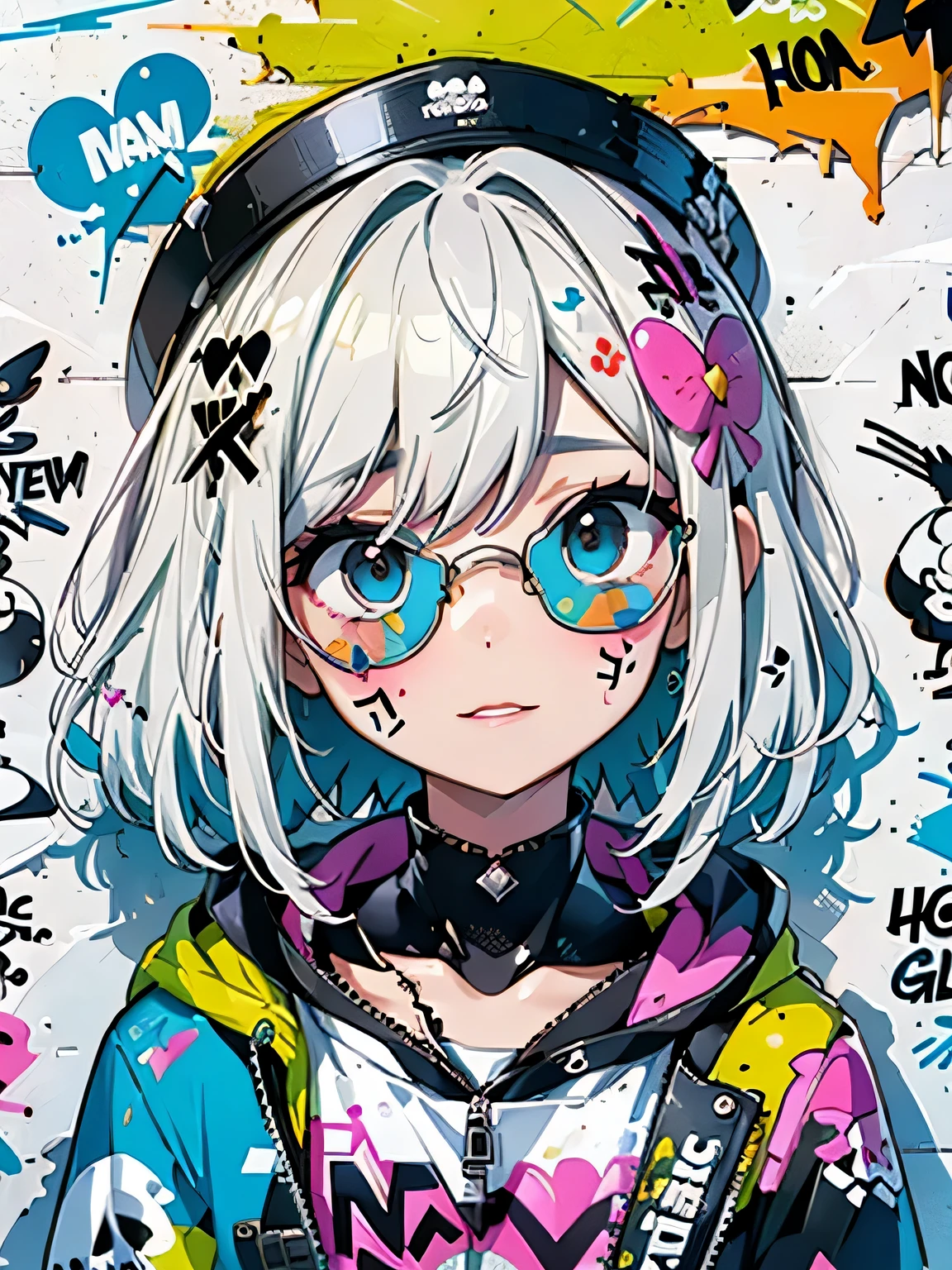 8K resolution、((highest quality))、((masterpiece))、((Super detailed))、1 female、alone、incredibly absurd、 (((most beautiful girl ever))), (((Stylish sunglasses))), lips in love, stylish cap,short cut hair、small breasts, ((skull(graffiti art wall))), colorful hair, provocative