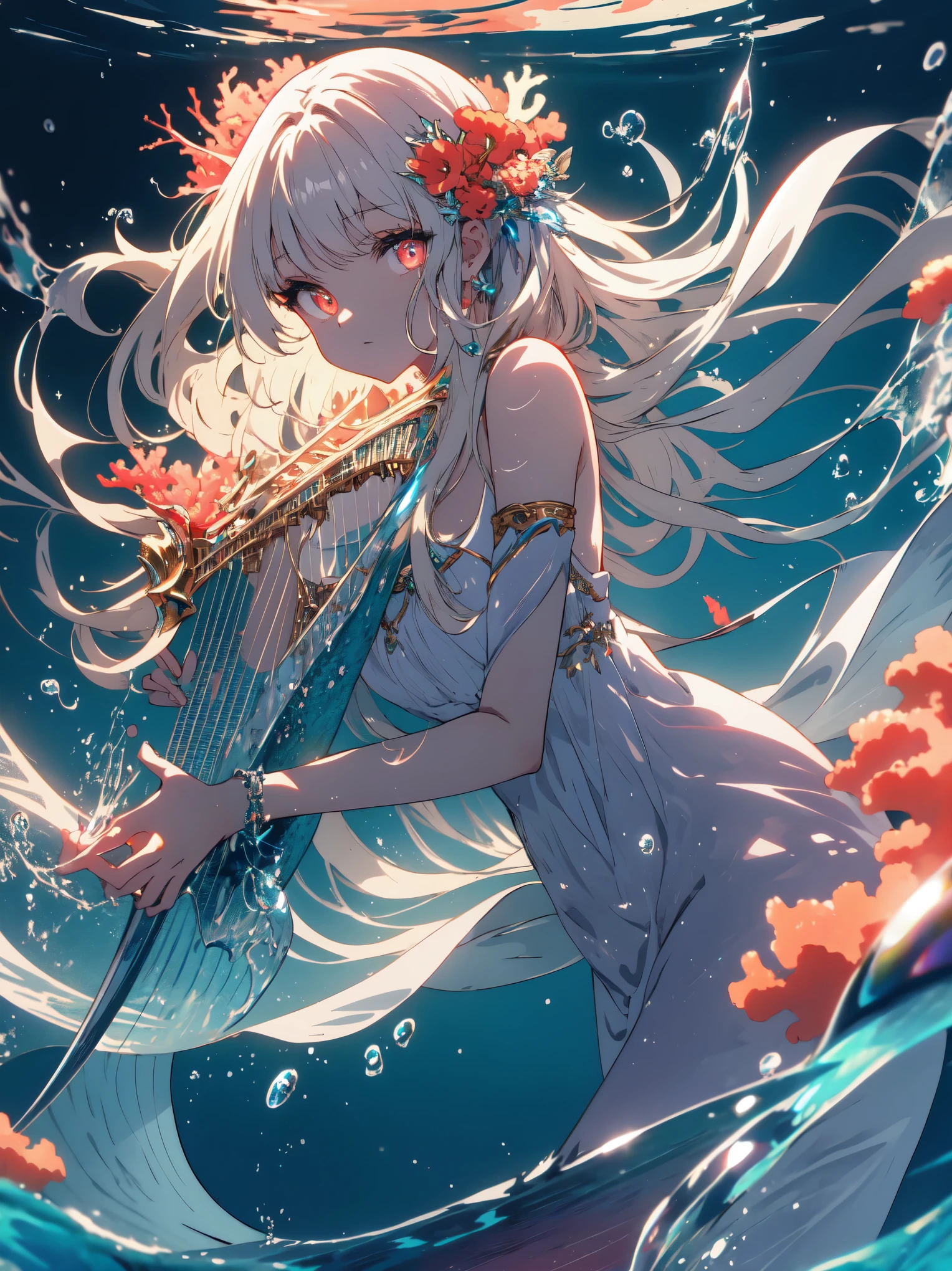 (highest quality、masterpiece、beautiful anime、detailed glowing eyes)、1 female、beautiful mermaid、play the harp、transparent underwater、coral