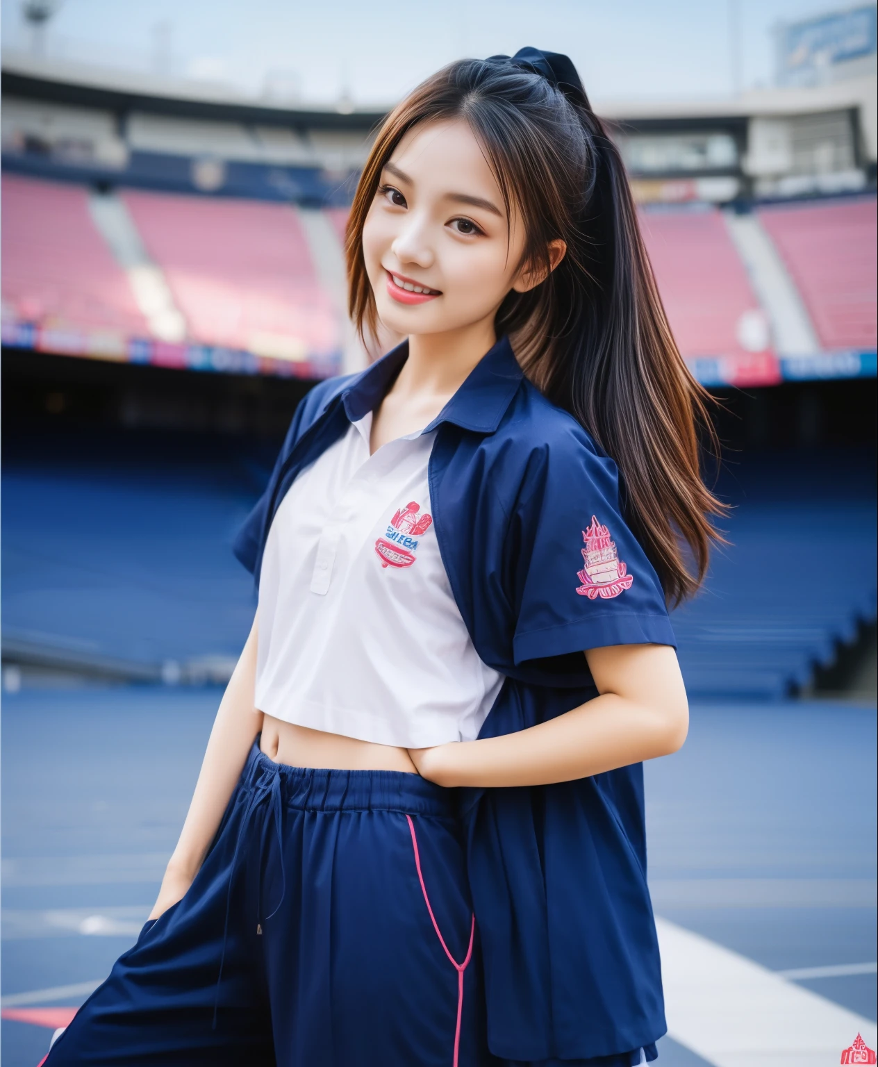 (best quality,10,10,height,Masterpiece:1.2),Special details,(realistic,ภาพrealistic,Realistic photos:1.37),1 cute girl on the football field,shiny, ผิวshiny,only,smile softly,BDclothelue shirt:1.3)),short sleeve,shirt, กางเกงขาlong.,(navy_long_track pants:1.1), ((stadium background:1.3)),Dynamic angle,excited,Face focus,dynamic poses,from behind,focus on ass,Masterpiece, best quality, ultra realistic, hyper-detail, 8K resolution, raw photos, Sharp focus, ((Navy blue shirt:1.1)), short sleeve, เส้นทางlong, perfect body, 2 mature women, 18 years old, Cinema-grade lighting system,blue sweatpants,shirtผ้าออกกำลังกาย,correct anatomy,perfect body, correct body, Sharp face, correct bodyทางกายวิภาค, full body, realistic gestures, long-haired, realistic poses,Wear long shorts................................,ช่วงขาlong,Good shape,carved girl, Slender figure, model, Good shape, beautiful body,blue sweatpants, two girls kissing