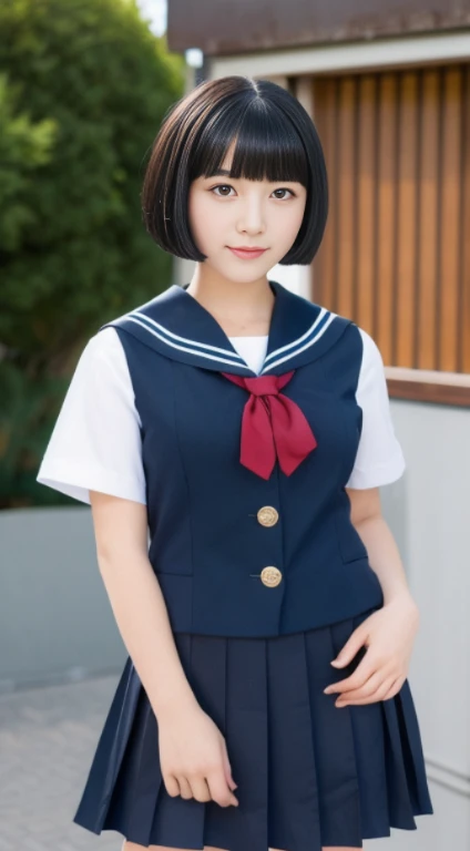 (highest resolution, clear_image), highest quality, masterpiece, very detailed, half realistic, 18-year-old, black haired woman, black eyes, mature, Mature female, emperor&#39;s sister, sexy, short bob cut hair, three bangs, sailor suit, black uniform, light blue mini skirt, School, classroom