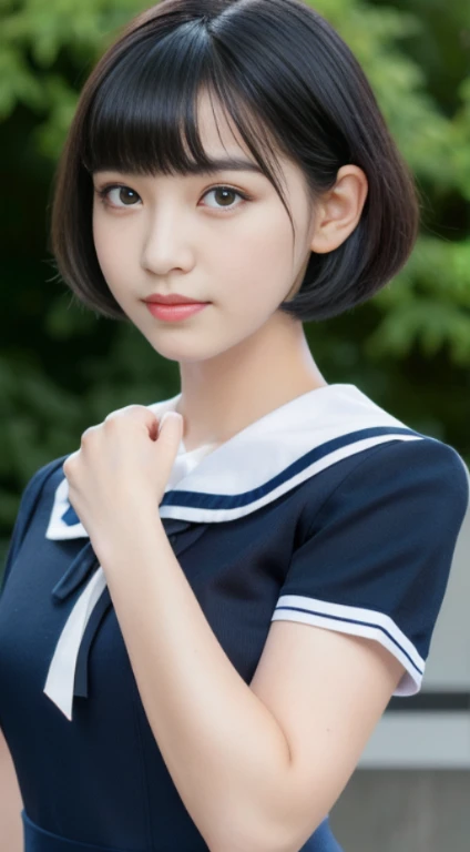 (highest resolution, clear_image), highest quality, masterpiece, very detailed, half realistic, 18-year-old, black haired woman, black eyes, mature, mature女性, emperor's sister, sexy, short bob cut hair, three bangs, sailor suit, black uniform, light blue mini skirt, School, classroom