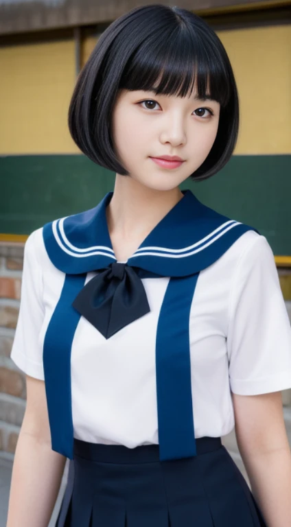 (((Draw only one woman: 2))), Beautiful  Japan woman, High school girl in sailor suit with short sleeves、Japan Strict Girls' School Sailor Uniform Uniform、In a stone room、((1screen)), 8K, RAW shot, top quality photo, masutepiece , Nice realistic photos, ((Anatomically correct proportions : 1.5)), ((Perfect proportions)), beautiful woman like a Japanese actress, A detailed face, Detailed eyes, Narrow Nose, Detailed fingers, detailed arms, Detailed skin, Detailed legs, short torso, Slender body, Lustrous hair、large udder