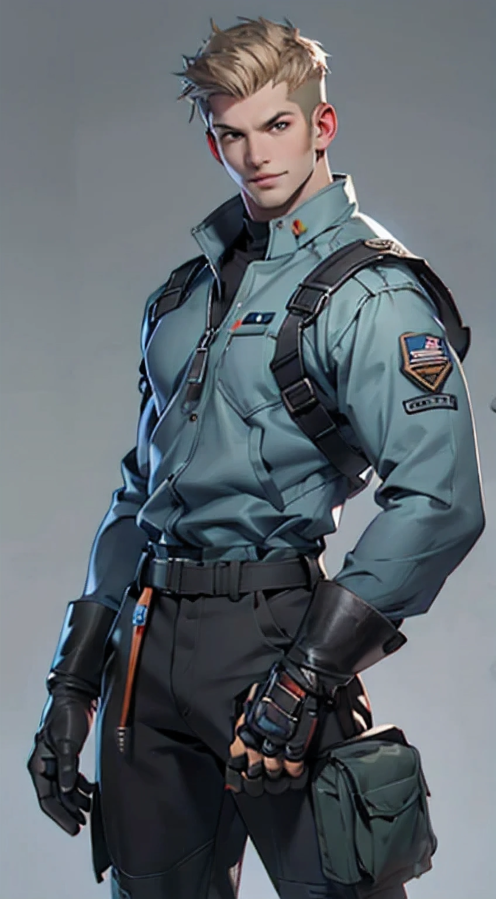 11:23(((best quality: 1.4))),(Unparalleled masterpiece), (Ultra high quality),(Hyper-realistic 8K CG)、(smiley face),(light color short hair),(Cross your waist with one hand),(Tech mech), ((( Body))), (((1 male))), 25-year-old American soldier with perfect Body,,Beautiful and well groomed face,muscular Body:1.2, (Pictures from head to thighs), Complex equipment, Tachibana,trousers,The clothes inside are dark,Clothes with armored metal electronic parts