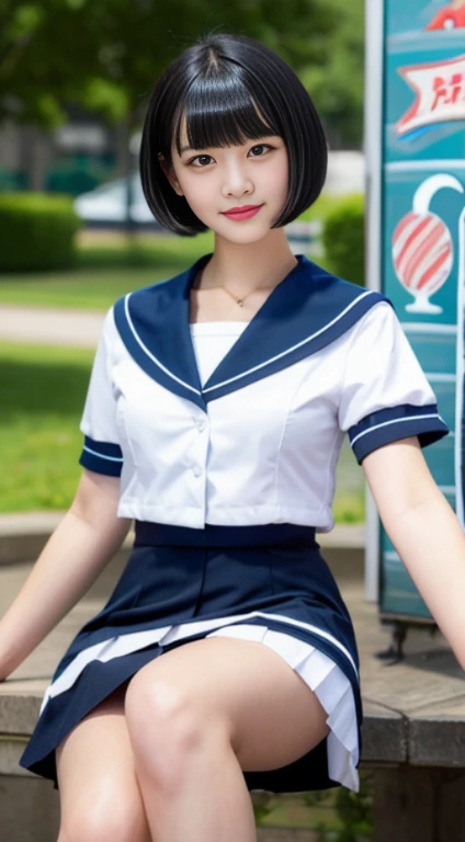 (highest resolution, clear_image), highest quality, masterpiece, very detailed, half realistic, 18-year-old, black haired woman, black eyes, mature, Mature female, emperor&#39;s sister, sexy, short bob cut hair, three bangs, sailor suit, black uniform, light blue mini skirt, School, classroom