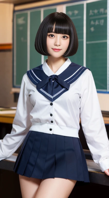 (highest resolution, clear_image), highest quality, masterpiece, very detailed, half realistic, 18-year-old, black haired woman, black eyes, mature, Mature female, emperor&#39;s sister, sexy, short bob cut hair, three bangs, sailor suit, black uniform, light blue mini skirt, School, classroom
