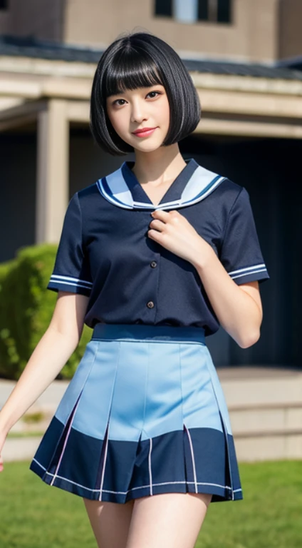 (highest resolution, clear_image), highest quality, masterpiece, very detailed, half realistic, 18-year-old, black haired woman, black eyes, mature, Mature female, emperor&#39;s sister, sexy, short bob cut hair, three bangs, sailor suit, black uniform, light blue mini skirt, School, classroom