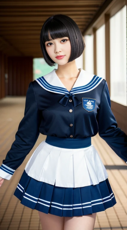 (highest resolution, clear_image), highest quality, masterpiece, very detailed, half realistic, 18-year-old, black haired woman, black eyes, mature, Mature female, emperor&#39;s sister, sexy, short bob cut hair, three bangs, sailor suit, black uniform, light blue mini skirt, School, classroom