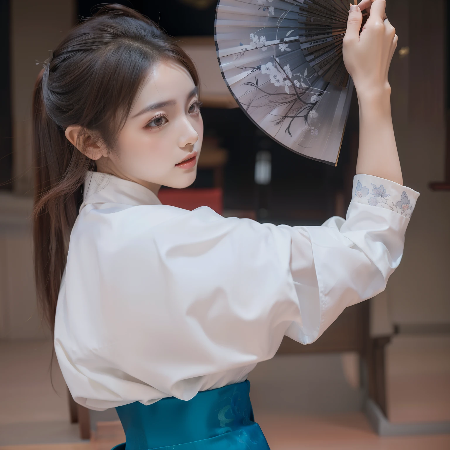 there is a woman in a white shirt holding a fan, white hanfu, palace , a girl in hanfu, chinese style, with acient chinese clothes, chinese girl, elegant japanese woman, hanfu, chinese costume, traditional chinese clothing, traditional chinese, cheongsam, wearing ancient chinese clothes, chinese woman, cute elegant pose, inspired by Huang Ji
