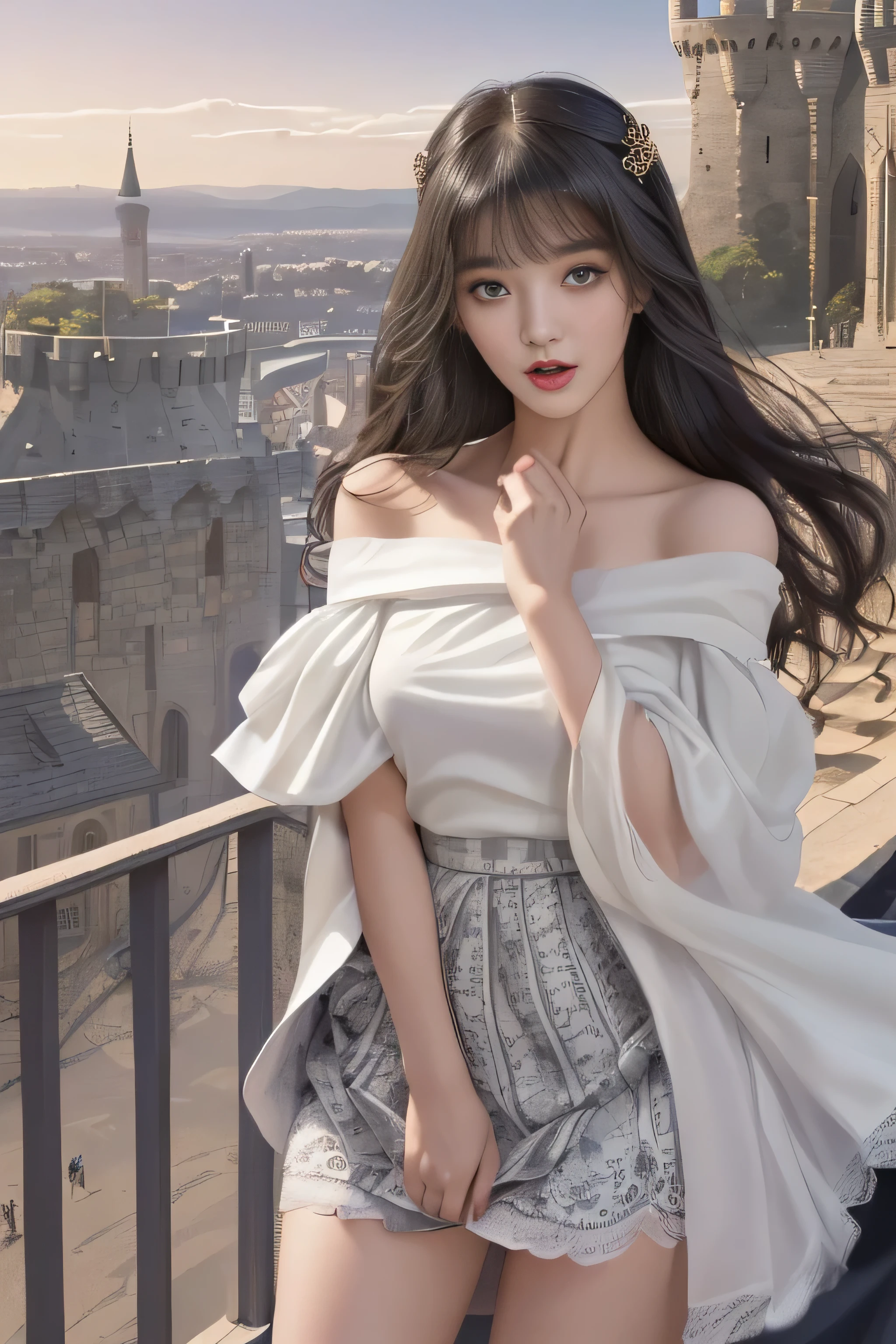 (surreal)、(enlightenment)、(High resolution)、(8k)、(very detailed)、(Best Illustration)、(beautiful detailed eyes)、(highest quality)、(super detailed)、(masterpiece)、(wallpaper)、(detailed face)、solo、1 girl、looking at the viewer、Detailed、detailed face、in the dark night、deep shadow、low key、Pure erotic face ace_v1、laughter、length、black shawl straight hair、46 point diagonal bangs, ((white lace dress、mini skirt))(off shoulder)((Beautiful woman standing on the balcony of the castle))(the skirt flies up in the wind)
