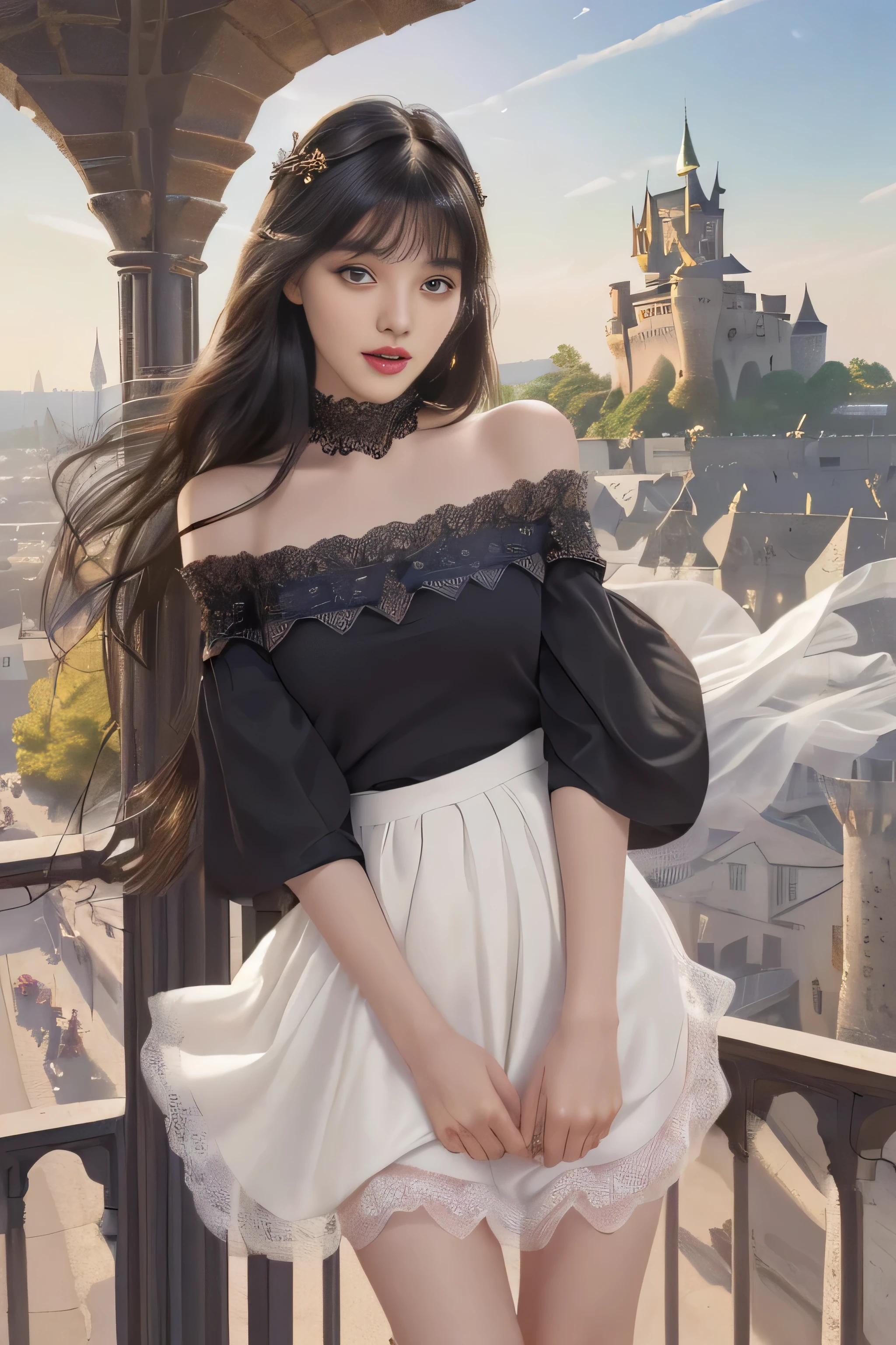 (surreal)、(enlightenment)、(High resolution)、(8k)、(very detailed)、(Best Illustration)、(beautiful detailed eyes)、(highest quality)、(super detailed)、(masterpiece)、(wallpaper）、（detailed face）、solo、1 girl、looking at the viewer、Detailed、detailed face、in the dark night、deep shadow、low key、Pure erotic face ace_v1、laughter、length、black shawl straight hair、46 point diagonal bangs,　（（white lace dress、mini skirt））(off shoulder）（（Beautiful woman standing on the balcony of the castle））(the skirt flies up in the wind)