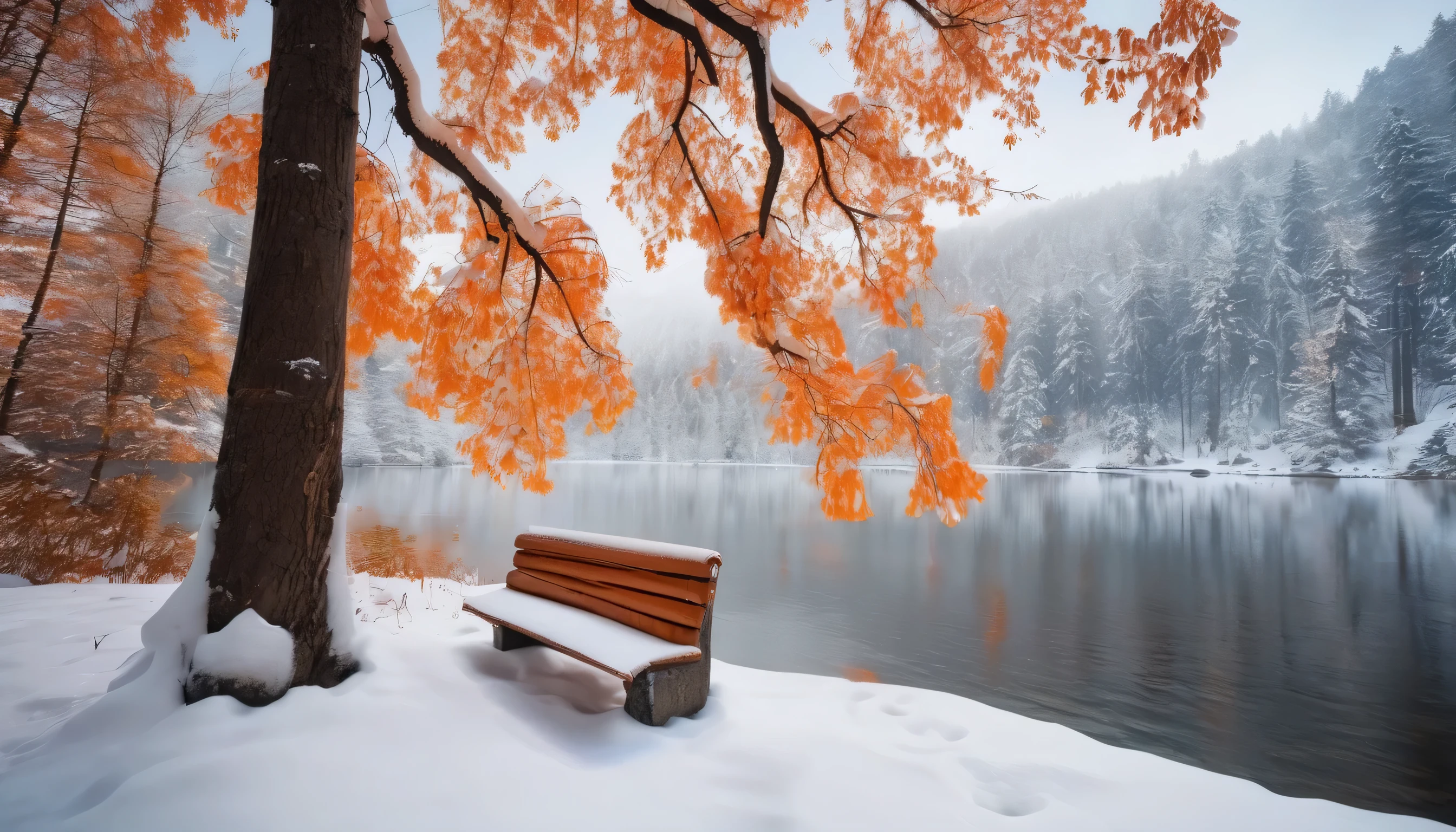 a big tree with orange leaves covered with snow, a wooden bench next to the tree, a lot of falling snow, a winter lake in the forest, a mountain forest covered with snow