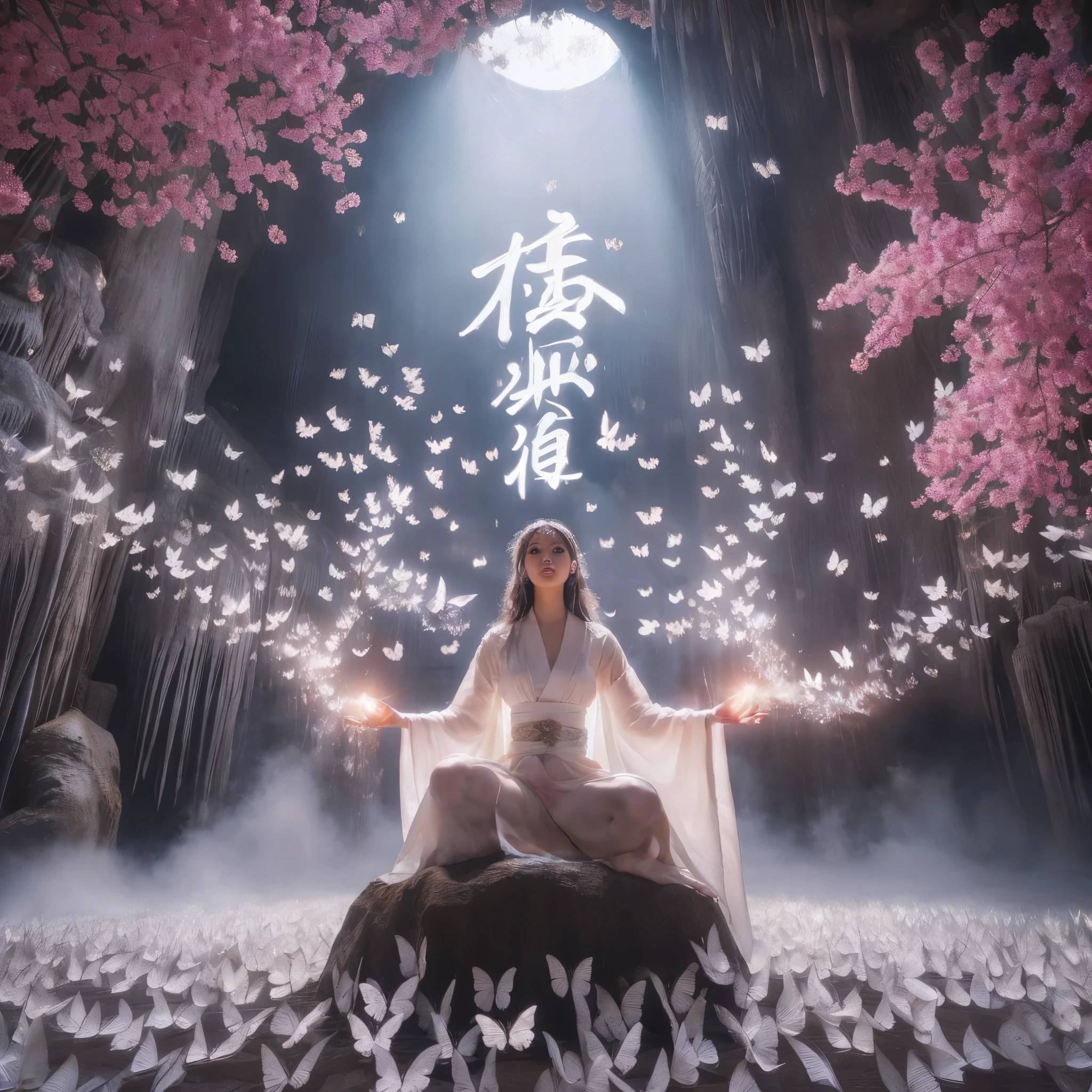 best angle shot,a beautiful female ascetic wearing a thin white kimono,flying ascetic pose floating on a rock covered with arranged white butterfly,from her hands a mystical light comes out.pink cherry blossoms,magical Japanese calligraphy kanji writing that glows orange and floats in the air.face glowing,Dramatic blue smoke effect.setting is a large and magnificent room,stalactite walls,water on the floor,a large hole above.lighting focus on the face,details on facial skin.