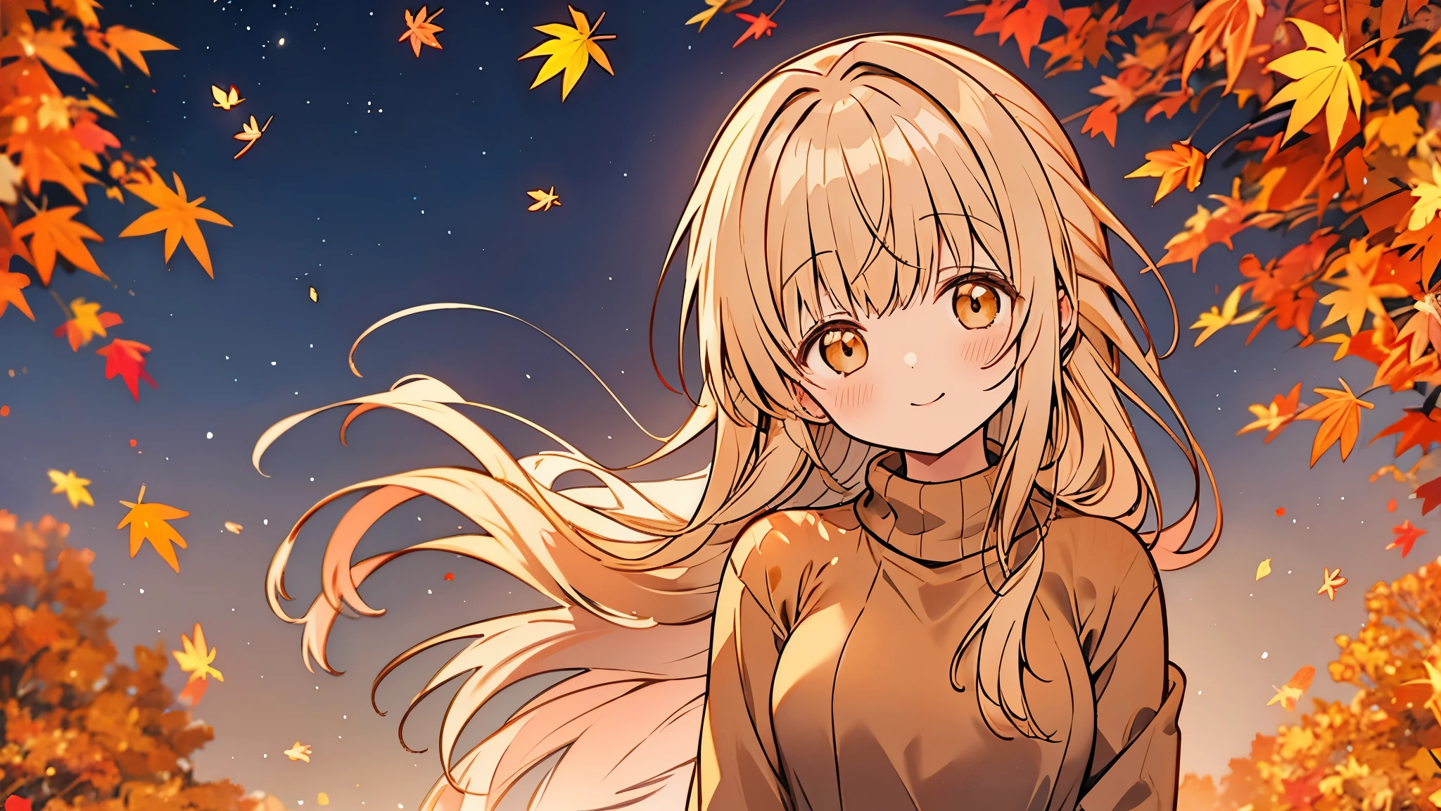 mahiru shiina, solo, aesthetic, golden glow, autumn, sweater, cute smile, gazing at falling maple leaf, dawn