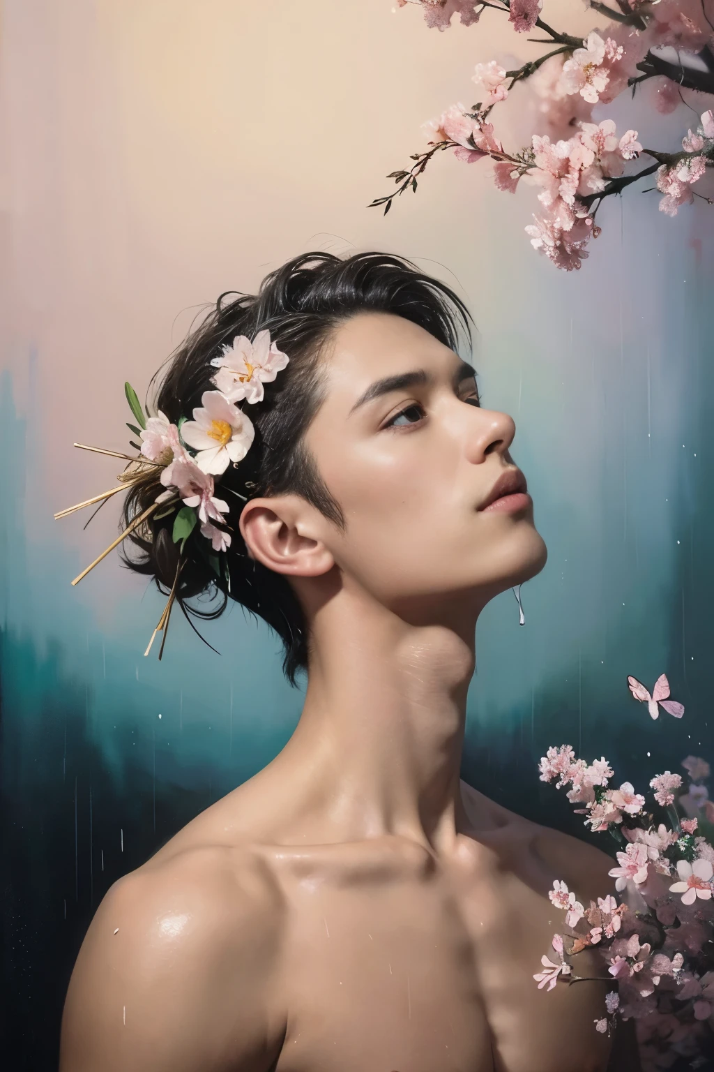 a scary, 1 man, solo, (oil painting:1.5), (NSFW:1.2), a man joyfully twirling in the raining paint, 1boy,floral, Lycianthus ,In light pink and light blue styles..., Dreamy and romantic composition..., dripping flowers on his face, in the style of collage-based, made of insects, william wegman, colorism, white background, pencil art illustrations, national geographic photo, luxurious, extravagant, stylish, , opulent, elegance, stunning beauty, professional, high contrast, detailed, Depict a dreamy, whimsical scene with elements that seem to merge with the background