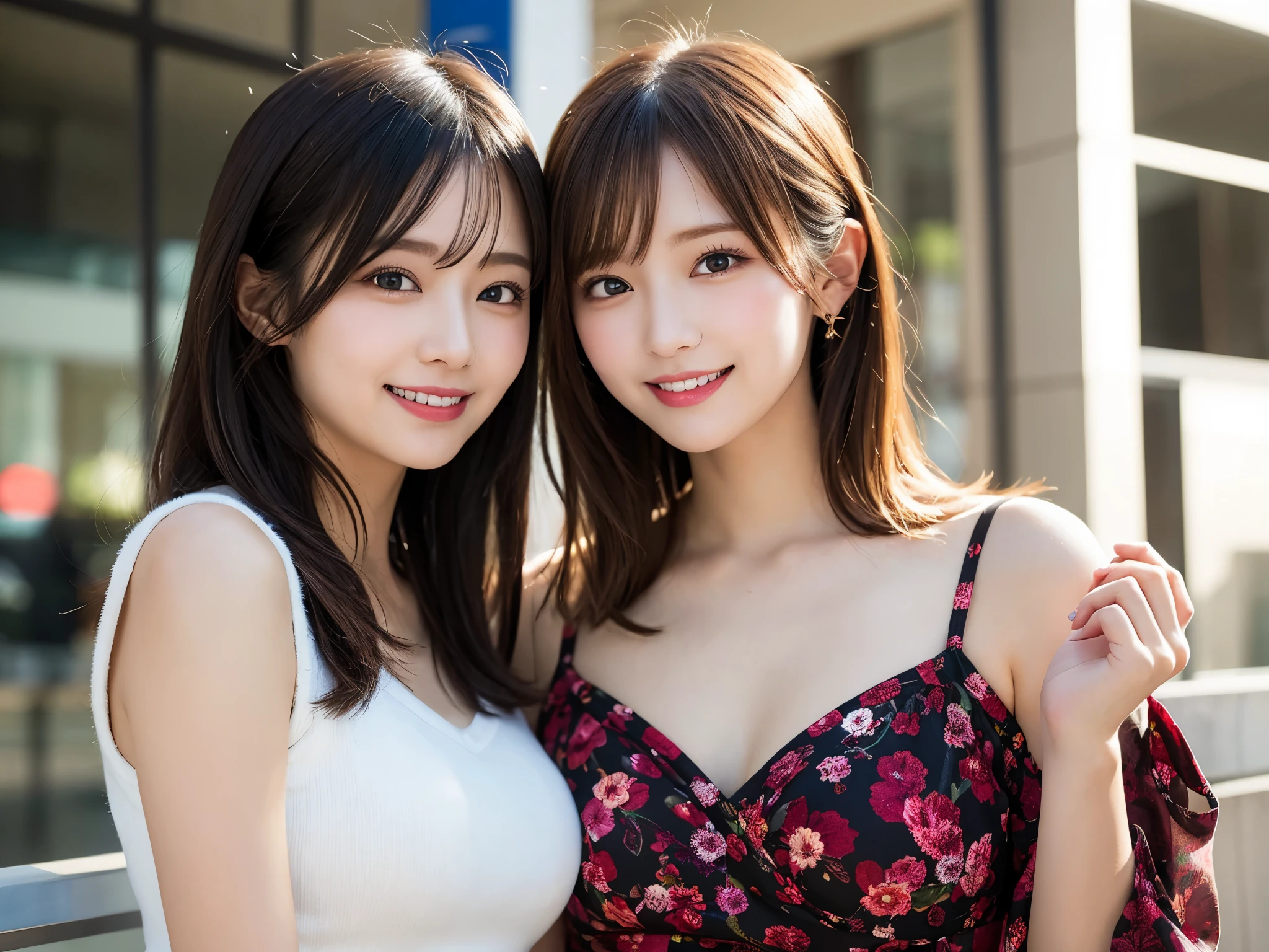 masutepiece, Best Quality, Illustration, Ultra-detailed, finely detail, hight resolution, 8K Wallpaper, Perfect dynamic composition, Beautiful detailed eyes, Women's Fashion Summer,Medium Hair,Small breasts natural color lip, Bold sexy poses,Smile,Harajuku、20 years girl、Cute、Sexy shot looking at camera