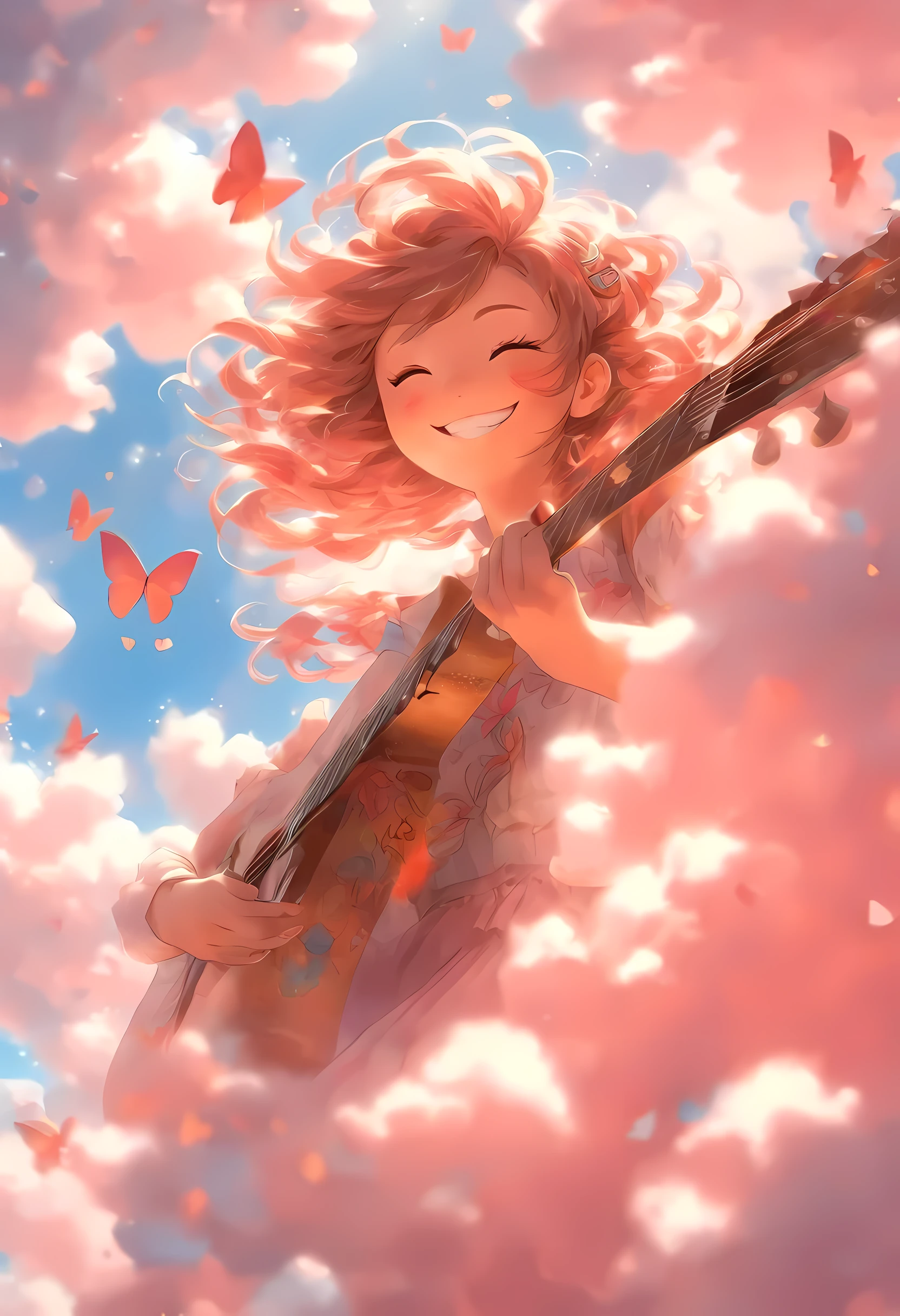 masterpiece, best quality, stills, A girl holding a guitar in her hands, floating in the sky, cloud girl, cloud, (close up: 1.1), bright, happy, interesting, soft light, Red hair, Smile, pink butterfly
