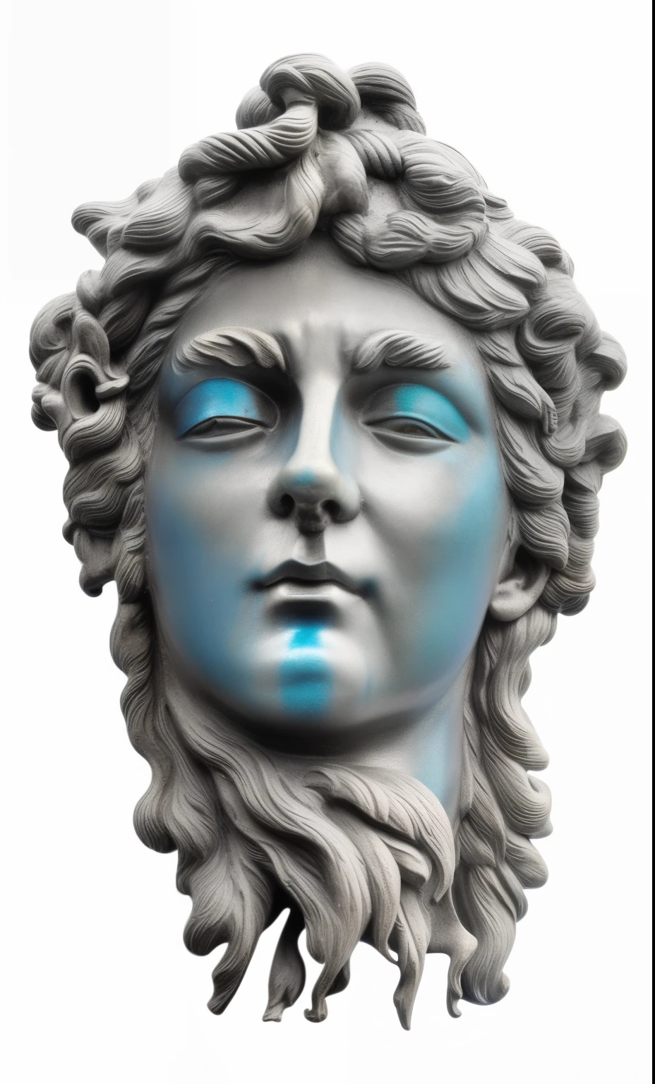a close up of a statue with a face painted blue, baroque vaporwave statue, a portrait of @hypnos_onc, very sad medusa, broken statues, crying big blue tears, crying and smiling franticly, medusa head, album art, vaporwave. black and white, vaporwave, official artwork, stoic face, bust