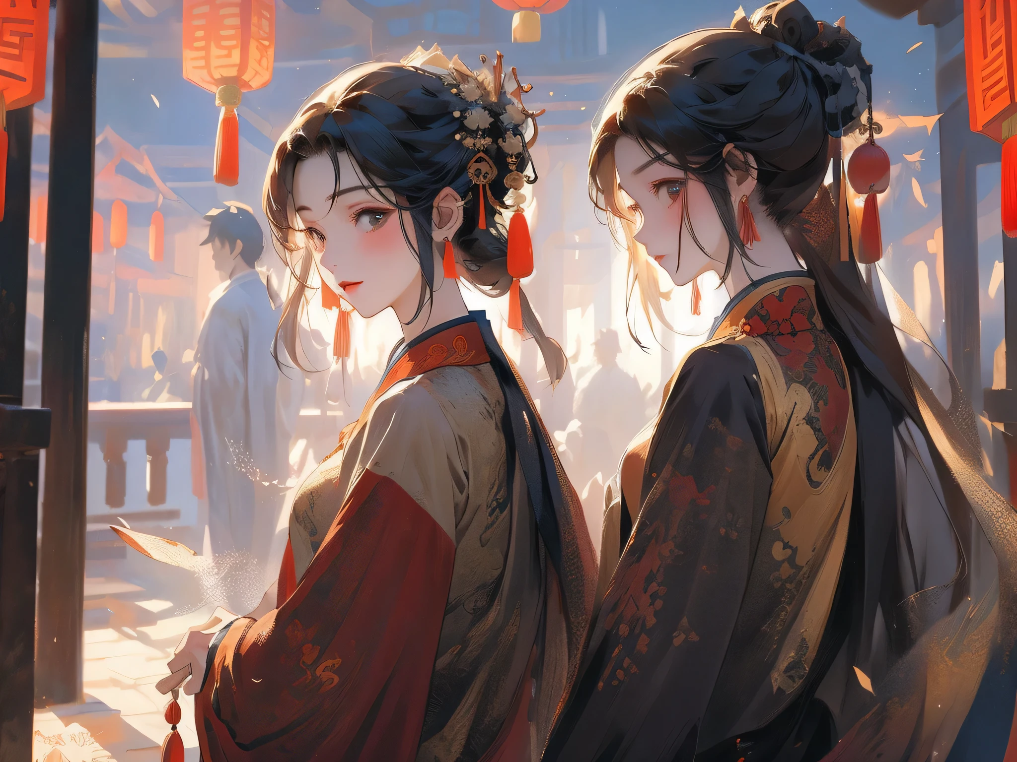masterpiece, best quality, 1 girl,a boy,Chinese cloth,Chinese style,glow,Ancient Chinese palaces,Half body,medium shot
