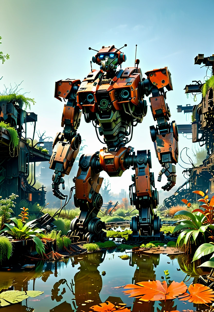 (full-body shot) , In a ruined city covered with vegetation，((1 Abandoned mechas, killer robots in the post-apocalyptic wasteland，Covered in rust and covered with moss, it stands alone in the middle of a pond filled with oil.:1.8))。Ruined city restored after nuclear blast，The outlines of the oppressive buildings in the background are clearly visible。((The mecha was severely damaged, with oil stains and scratches covering its surface.Its metal casing is rusty and its wires are exposed))，Reminiscent of its glorious past。However，Now it&#39;s just an abandoned shell，Abandoned in this post-apocalyptic landscape。Photos in a super minimalist style，the abandoned city is rendered in soft orange-pink tones，Creates a super warm atmosphere。Film grain and root effects add a sense of texture and nostalgia to the image。The lens is dimmed，Pastel colors and crazy details create a hyper-detailed post-apocalyptic atmosphere。This feeling is further enhanced by the oppressive buildings in the background and the distant twilight scene。This ultra-professional landscape photo is a stunning portrayal of an abandoned city and derelict mechas，it tells a story about war、A story of destruction and the passage of time，(global illumination, Ray tracing, high dynamic range, Unreal rendering, Reasonable design, high detail, masterpiece, best quality, ultra high definition, light)，3d style