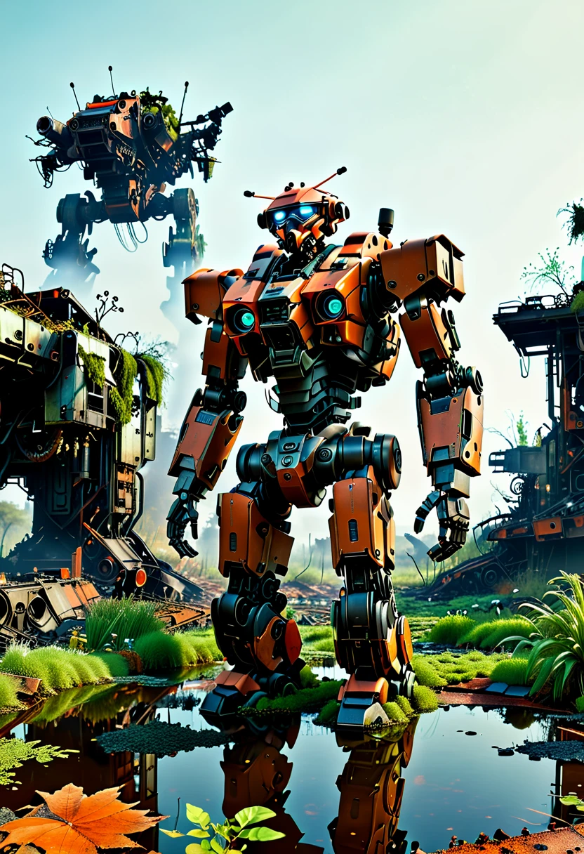 (full-body shot) , In a ruined city covered with vegetation，((1 Abandoned mechas, killer robots in the post-apocalyptic wasteland，Covered in rust and covered with moss, it stands alone in the middle of a pond filled with oil.:1.8))。Ruined city restored after nuclear blast，The outlines of the oppressive buildings in the background are clearly visible。((The mecha was severely damaged, with oil stains and scratches covering its surface.Its metal casing is rusty and its wires are exposed))，Reminiscent of its glorious past。However，Now it&#39;s just an abandoned shell，Abandoned in this post-apocalyptic landscape。Photos in a super minimalist style，the abandoned city is rendered in soft orange-pink tones，Creates a super warm atmosphere。Film grain and root effects add a sense of texture and nostalgia to the image。The lens is dimmed，Pastel colors and crazy details create a hyper-detailed post-apocalyptic atmosphere。This feeling is further enhanced by the oppressive buildings in the background and the distant twilight scene。This ultra-professional landscape photo is a stunning portrayal of an abandoned city and derelict mechas，it tells a story about war、A story of destruction and the passage of time，(global illumination, Ray tracing, high dynamic range, Unreal rendering, Reasonable design, high detail, masterpiece, best quality, ultra high definition, light)，3d style