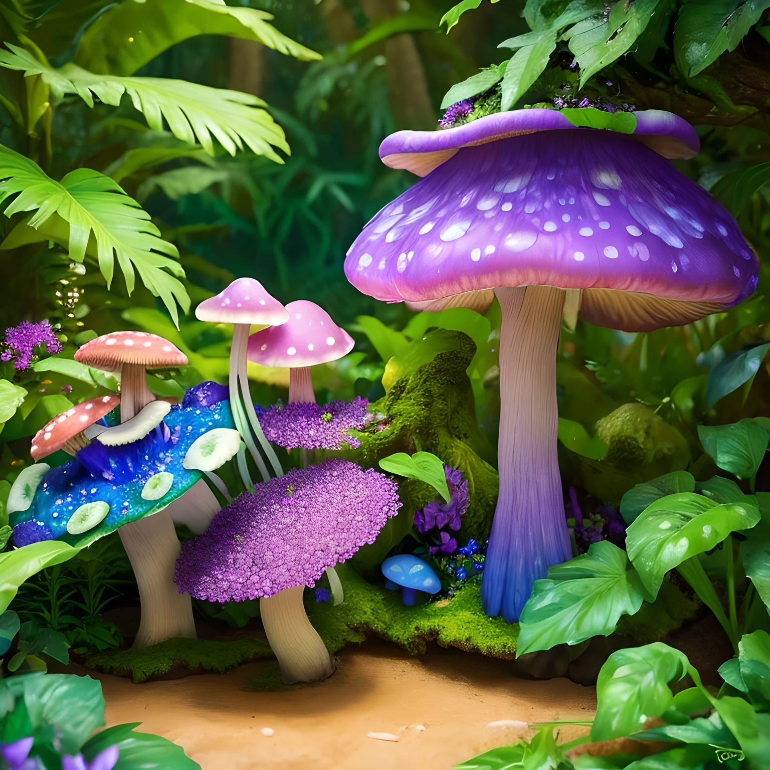 lush plantlife, real, detailed, 8k, high quality, an enchanting and dreamy scene of fantasy/alien forest, mushrooms, creating a sense of mystique and enchantment, blues and purples, garden, water, flowers, depth of field photorealist, crystals, photorealist, realistic