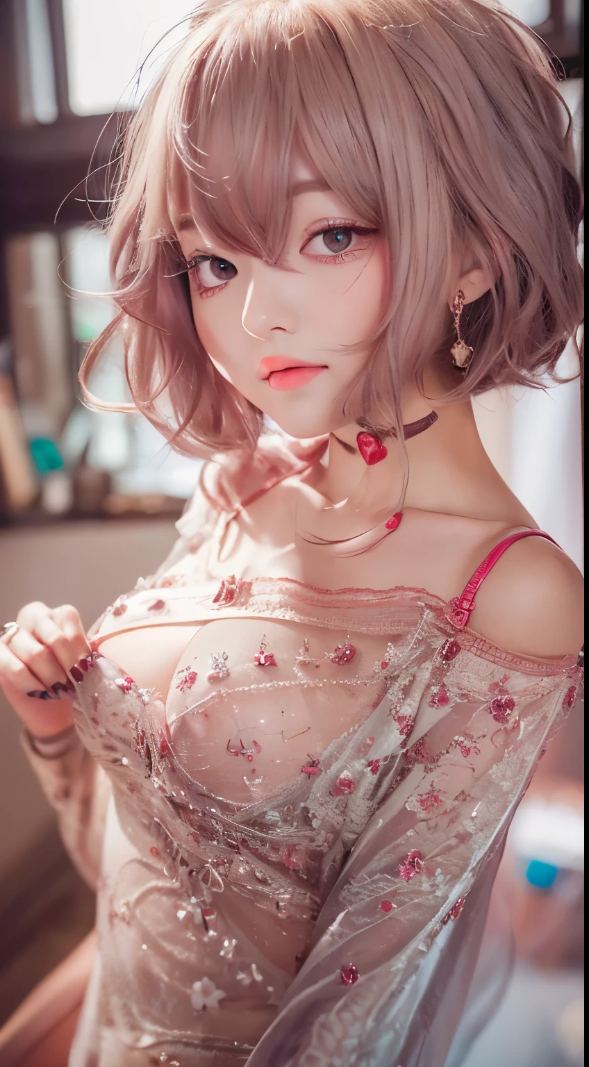 NSFW,((highest quality, 8k, masterpiece :1.3)), 1 girl, pretty woman with thin abs :1.3, (medium short hair, huge breasts :1.2), pajamas:1.1, super detailed face, fine eyes, outside,