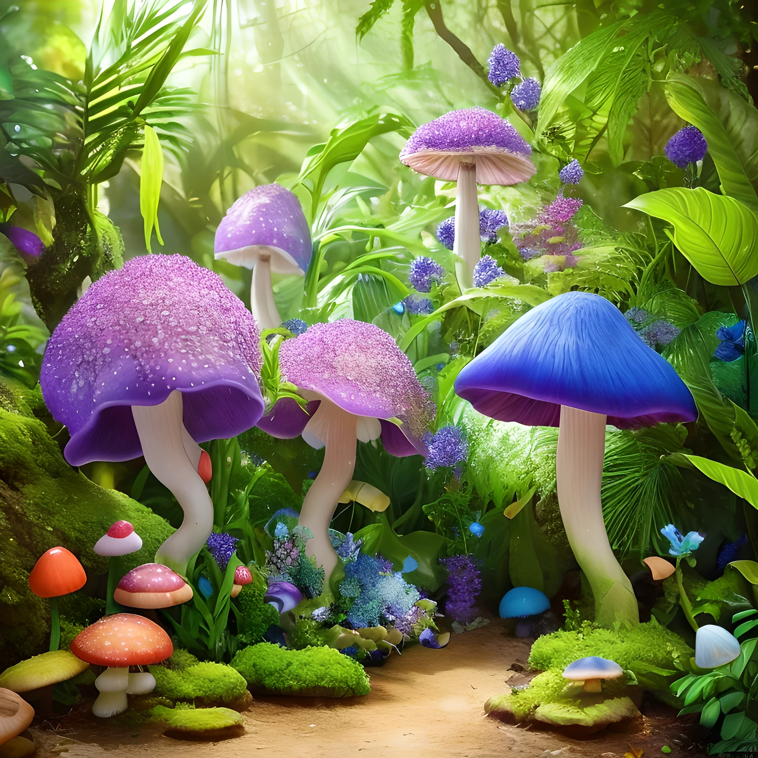 lush plantlife, real, detailed, 8k, high quality, an enchanting and dreamy scene of fantasy/alien forest, mushrooms, creating a sense of mystique and enchantment, blues and purples, garden, water, flowers, depth of field photorealist, crystals, photorealist, realistic