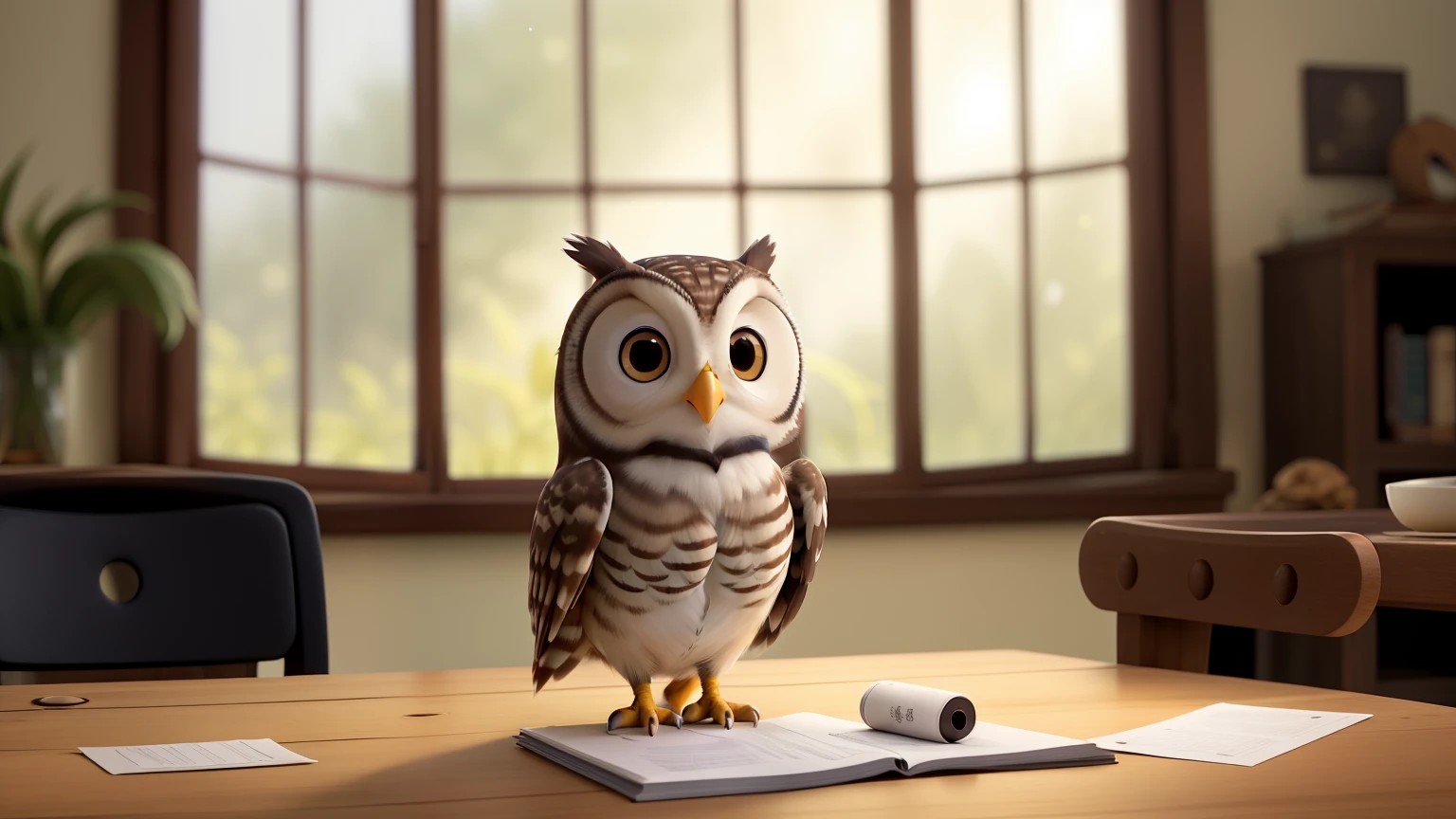 Through the open window, a small owl with sleek feathers and bright eyes swoops gracefully into the room. It carries a delicate parchment letter clasped firmly in its beak, its wings beating softly as it descends.