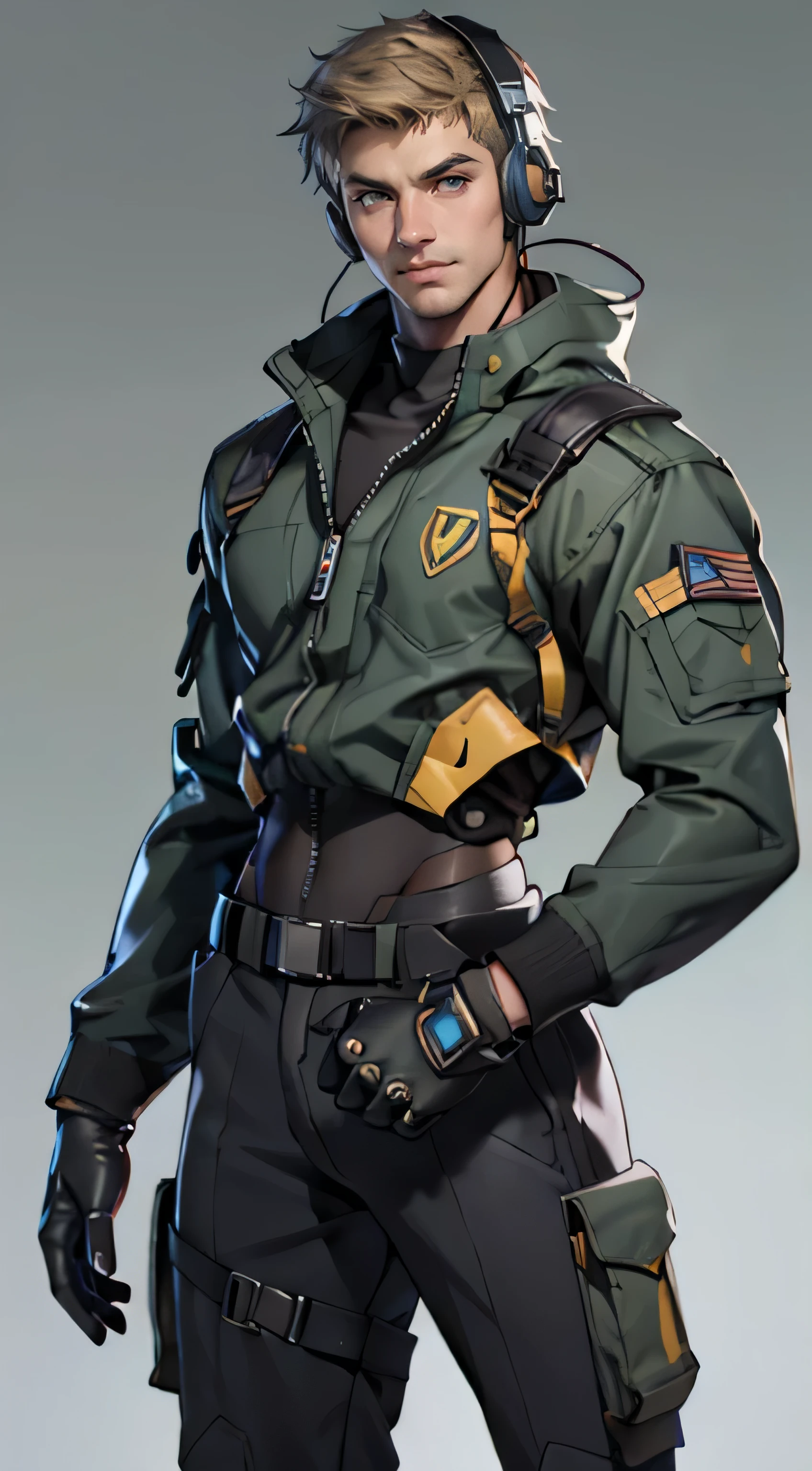 11:23(((best quality: 1.4))),(Unparalleled masterpiece), (Ultra high quality),(Hyper-realistic 8K CG)、(smiley face),(Headset devices),(light color short hair),(Cross your waist with one hand),(Tech mech), ((( Body))), (((1 male))), 25-year-old American soldier with perfect Body,,Beautiful and well groomed face,muscular Body:1.2, (Pictures from head to thighs), Complex equipment, Tachibana,trousers,The clothes inside are dark,Clothes with armored metal electronic parts
