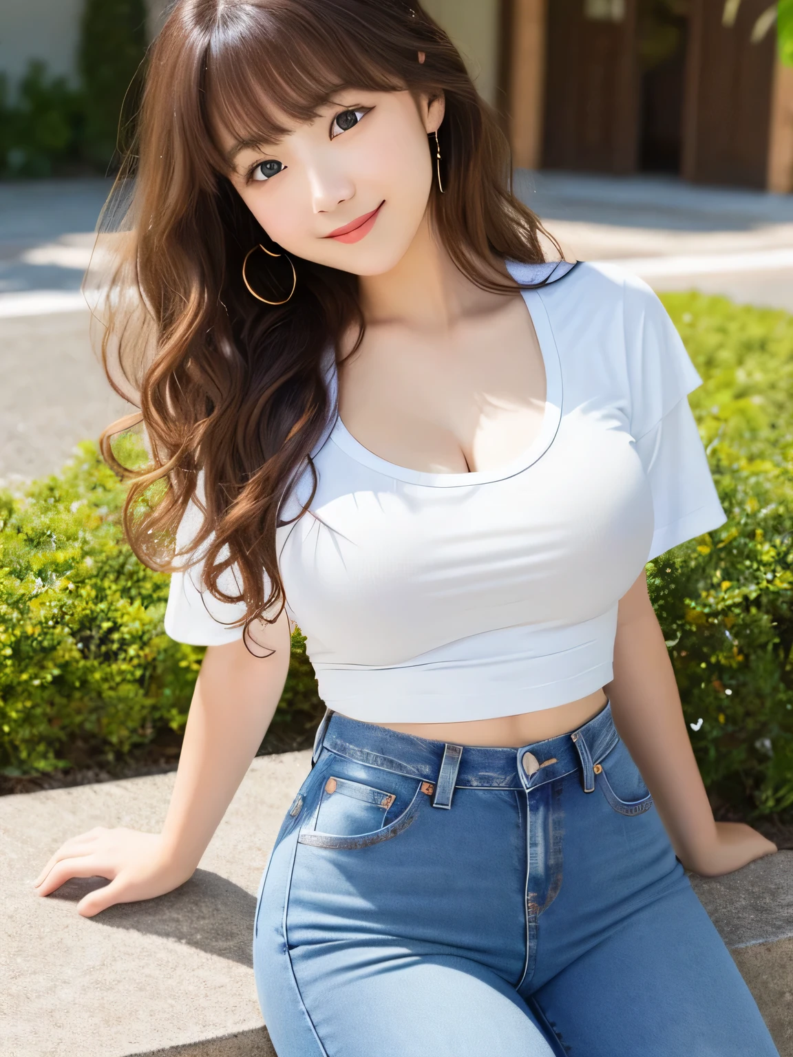 8k, highest quality, real image, intricate details, Super detailed, ultra high resolution, depth field,(realistic,realistic:1.2), from the middle, 1 Japanese girl, very beautiful 17 year old girl, Big eyes, beautiful breasts:1.5、highly detailed eyes:1.2), (beautiful breasts:1.1), (small breasts:1.5), wavy hair、curly hair、bangs, perfect skin, Fair skin, (huge hips:1.2), (thick thighs:1.3), (thick legs 1.3), tight waist, alone, looking at the viewer, (smile:1.1), (white t-shirt:1.2), (jeans:1.2), (sculpture installation :1.1), break (closed mouth)