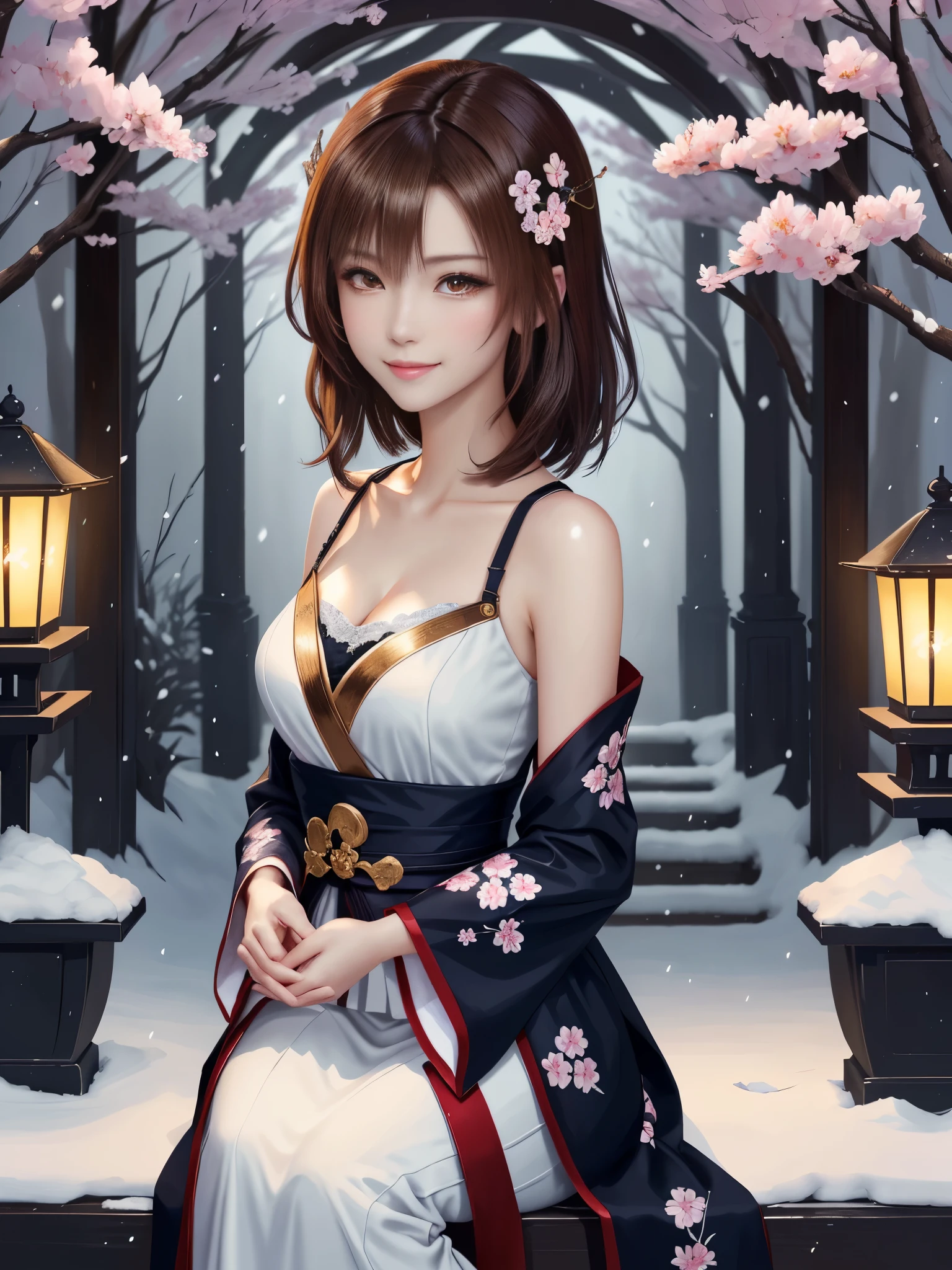 masterpiece , best quality,smile,smile,small face,shoulder exposure,less cleavage exposure,light brown hair,slender body shape,brown eyes,sharp contrast,short hair,Beautiful short hair,Berry Short,short cut hair,just one person,precision quality,Faithfully reproduced eyes, The surroundings are shining gold,一面に咲くcherry blossom background,snow scene,masterpiece, 幻想的なcherry blossom background,night,nightの背景,cherry blossom background,beautiful details, colorful, delicate details, delicate lips, intricate details, genuine, ultrargenuineista, 枝に座っている色とりどりの髪のFoxを持つ女の子:Mature, bright eyes, ,色とりどりのFox, raposa de nine tails, 三尾Fox, 三尾Fox, onmyoji detail art, beautiful fine art illustration, mythical creatures, Fox, beautiful digital art,shrine maiden,hold hands,exquisite digital illustration, mizutsune, Inspired by mythical wild web creatures, pixiv in digital art, shining light, high contrast, Mysterious,