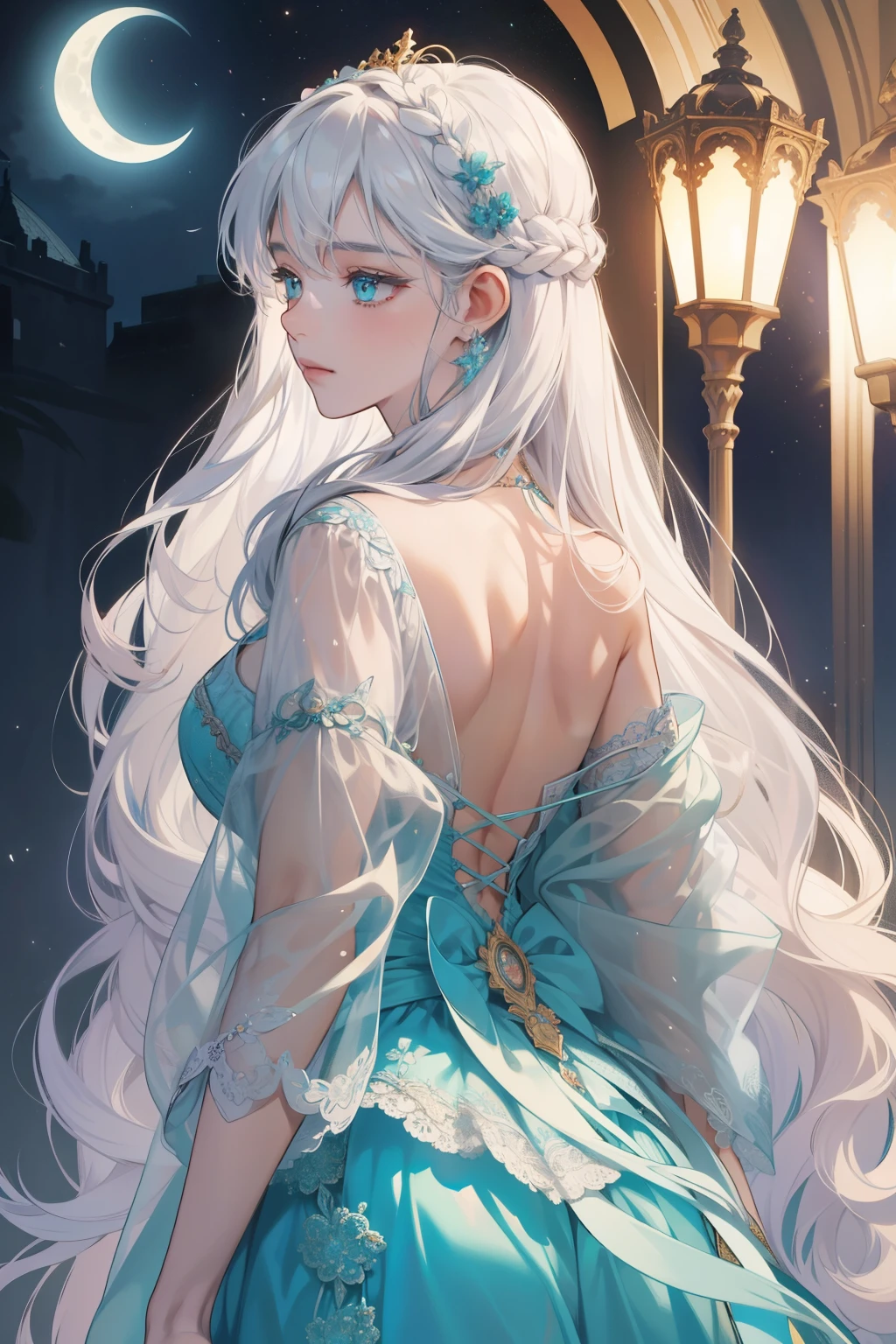The images here tell a captivating tale of the Moonlight Girl and the Prince of Ludia. The ultra-detailed, ethereal face of the Moonlight Girl shines under the moonlight, her turquoise eyes reflecting the tranquility of the night. Her long, silky white hair cascades down her back, adorned with intricate mosaic art and colored inlays. The delicate patterns and durable surface of her dress gleam in the soft, pastel light.

The Prince of Ludia, a noble and handsome figure, gazes at her with admiration and longing, his best quality, high resolution features evident in every detail. He wears royal attire