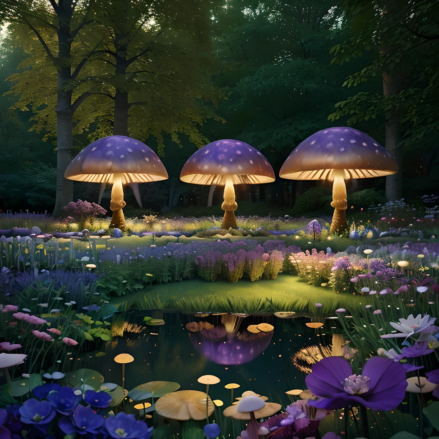  real, detailed, 8k, high quality, an enchanting and dreamy scene of fantasy/alien forest, mushrooms, creating a sense of mystique and enchantment, blues and purples, garden, water, flowers, depth of field photorealist, crystals, photorealist, realistic, garden, pond
