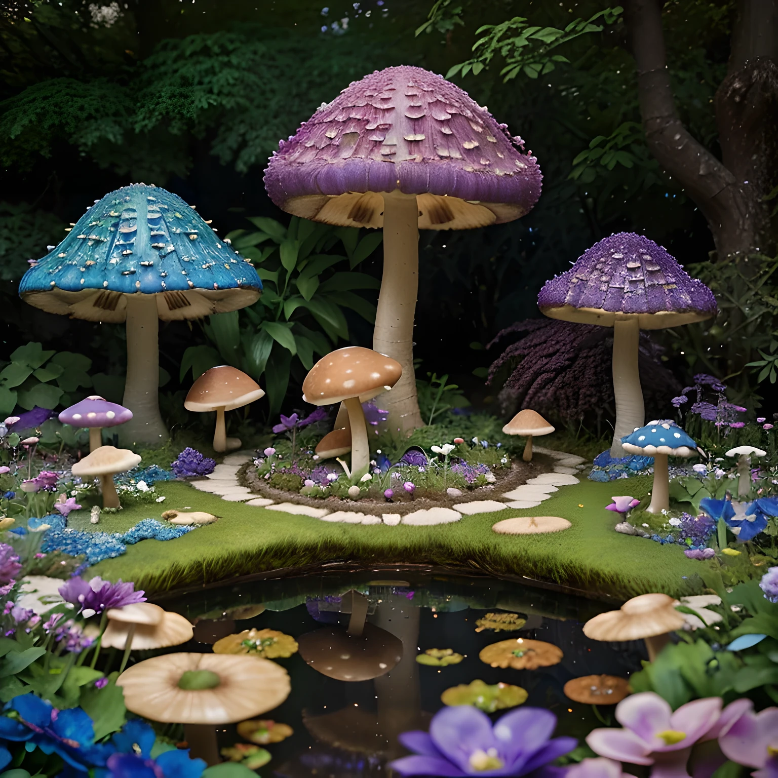  real, detailed, 8k, high quality, an enchanting and dreamy scene of fantasy/alien forest, mushrooms, creating a sense of mystique and enchantment, blues and purples, garden, water, flowers, depth of field photorealist, crystals, photorealist, realistic, garden, pond