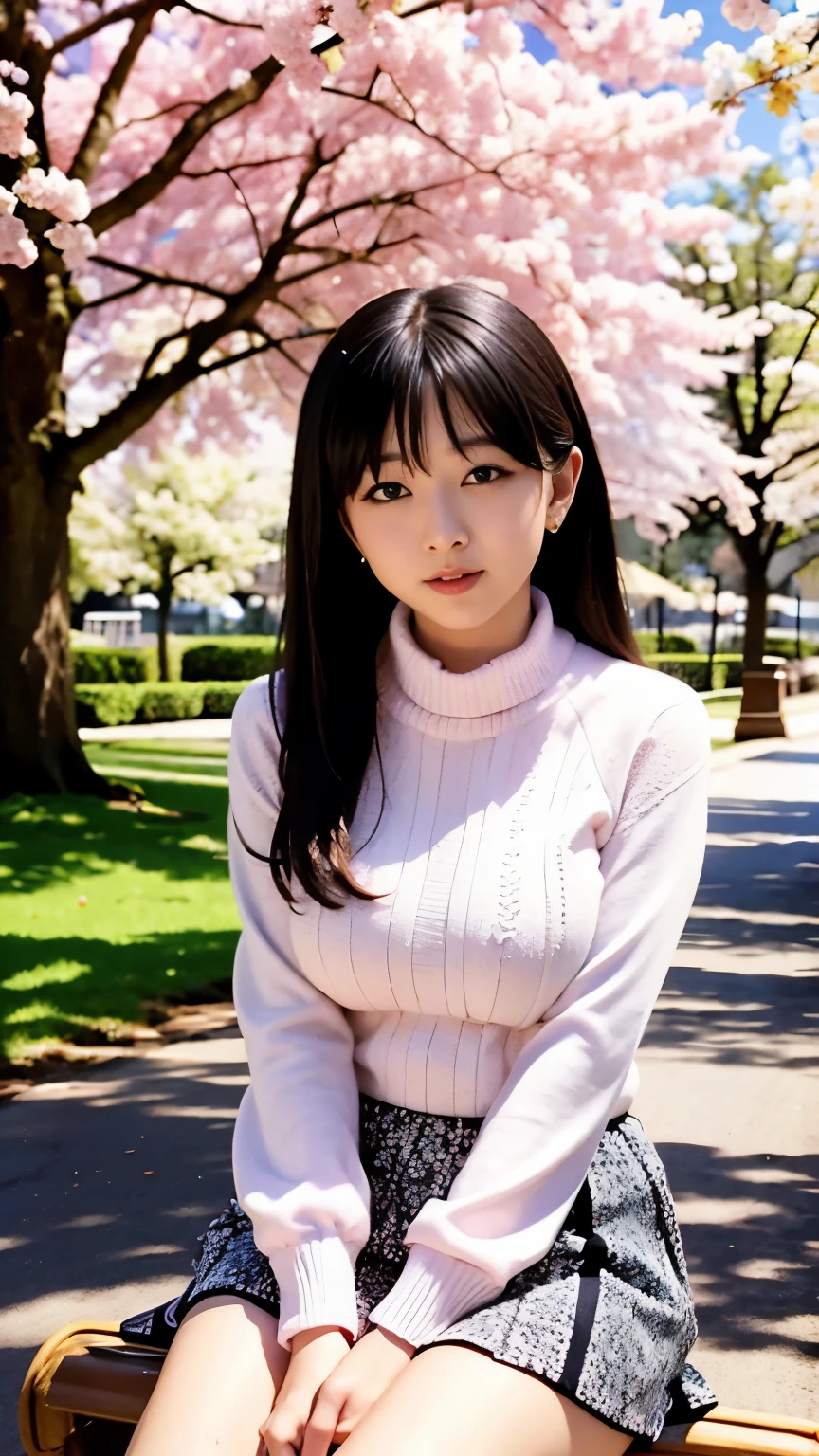 Sexy sweater，short skirt，Eyes are very delicate，Beautiful girl with long hair，Under the cherry blossom tree，Sakura petals are flying all over the ground，big round  ，（（best quality））， （（intricate details））， （（Surrealism））（8k）