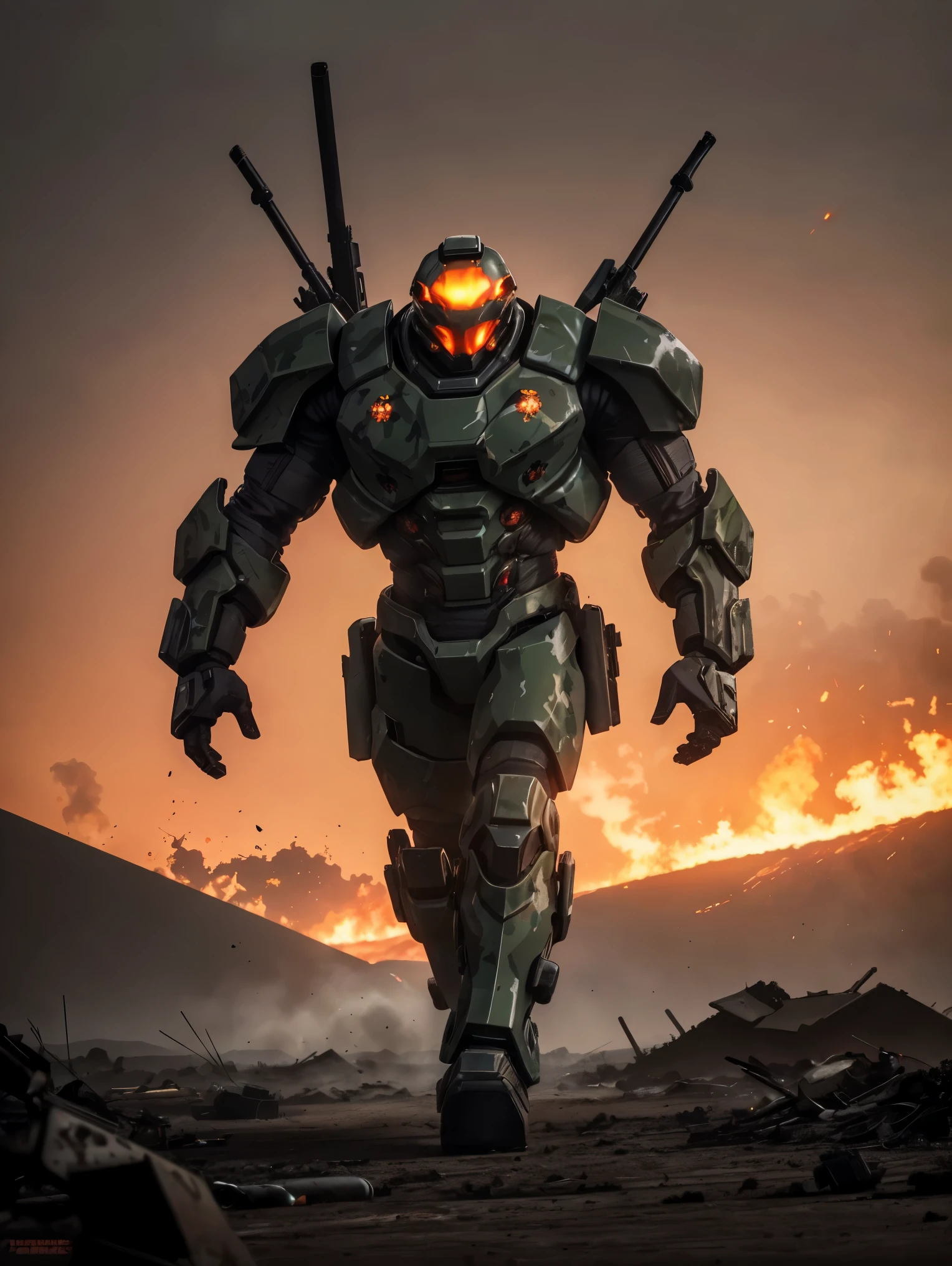 A polished camo ceramic exoskeleton-clad juggernaut with heavy weapons, showcasing flying abilities, hovers over a post-apocalyptic battlefield. Other juggernauts emit fire and plumes of smoke against a backdrop of dark orange-red skies. The scene is captured cinematically with a textured finish, evoking a sense of impending destruction and chaos.