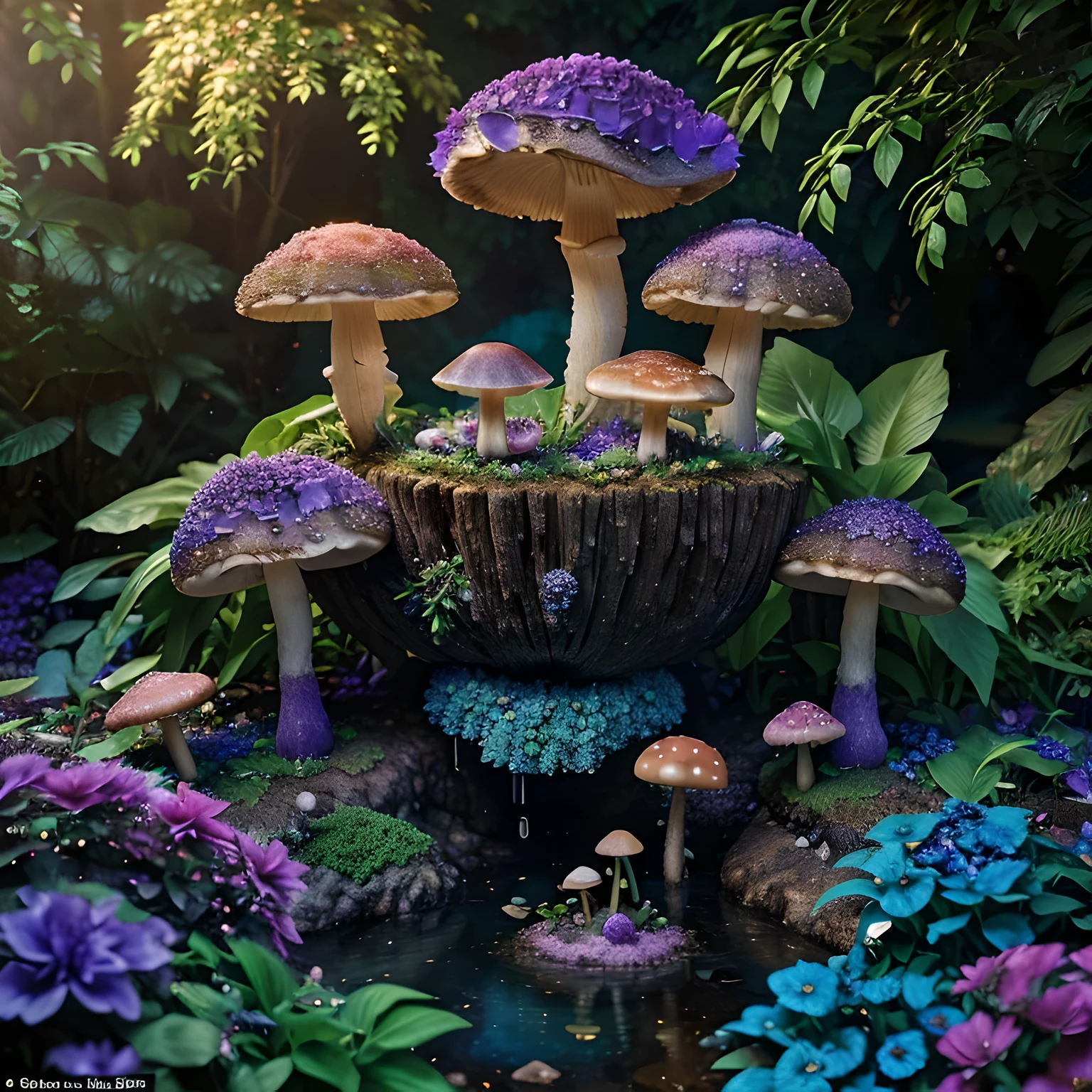 lush plantlife, real, detailed, 8k, high quality, an enchanting and dreamy scene of fantasy/alien forest, mushrooms, creating a sense of mystique and enchantment, blues and purples, garden, water, flowers, depth of field photorealist, crystals, photorealist, realistic