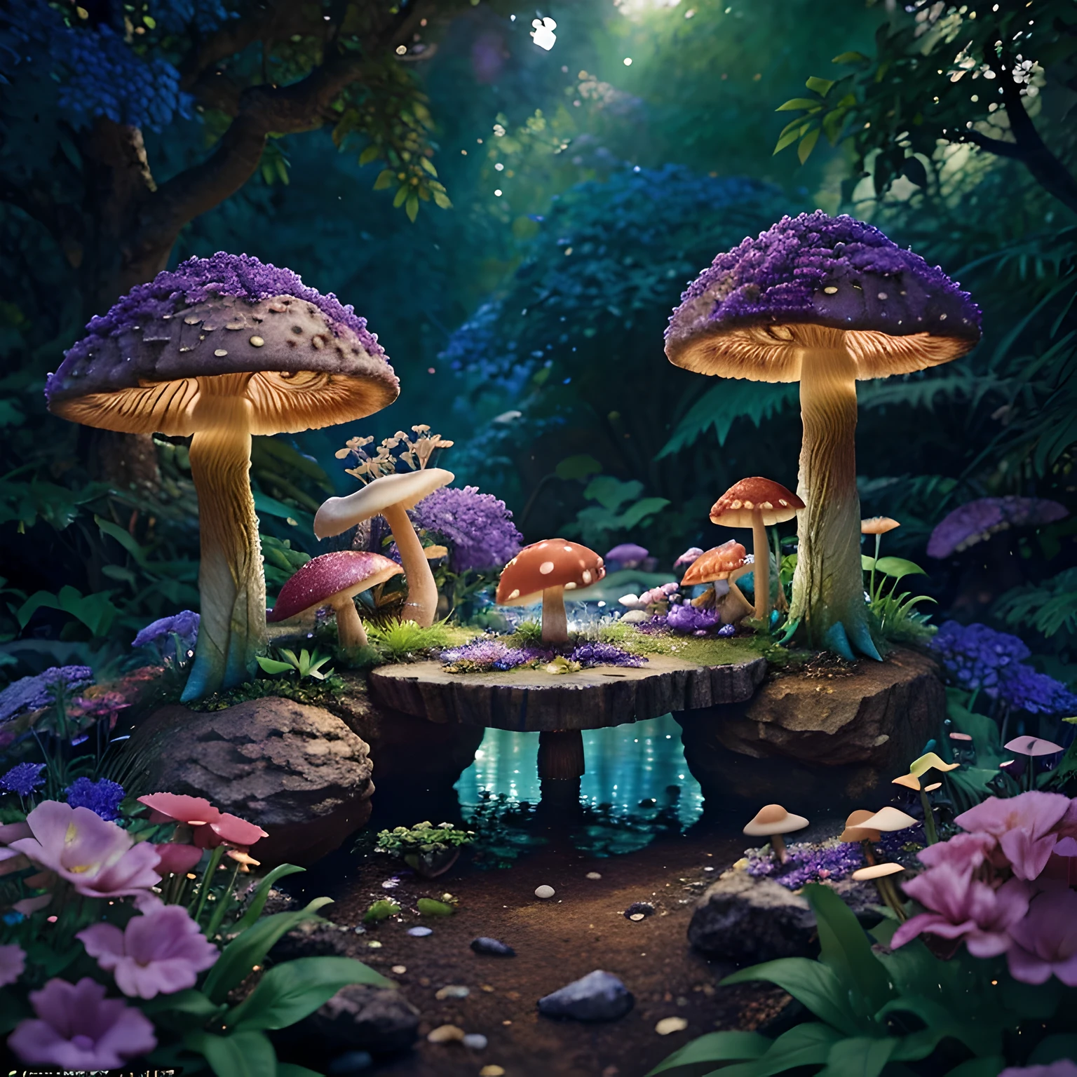 lush plantlife, real, detailed, 8k, high quality, an enchanting and dreamy scene of fantasy/alien forest, mushrooms, creating a sense of mystique and enchantment, blues and purples, garden, water, flowers, depth of field photorealist, crystals, photorealist, realistic