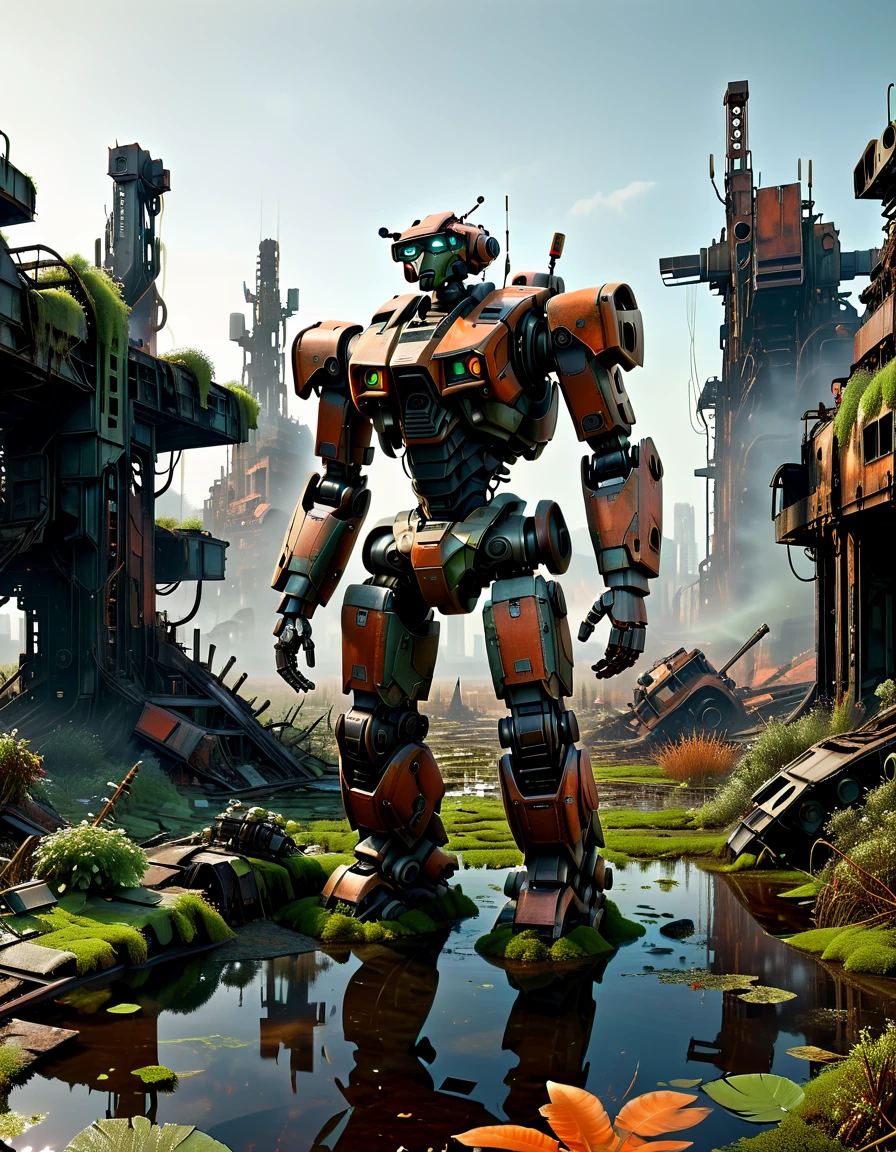 Super professional landscape photos,The photo is soaked in engine oil.,In a ruined city covered with vegetation,((1 Abandoned mechas, killer robots in the post-apocalyptic wasteland,Covered in rust,covered with moss,Standing alone in the middle of a pond filled with oil:1.8))。Ruined city restored after nuclear blast,The outlines of the oppressive buildings in the background are clearly visible,ultra minimalism,background indentation,darken color,Super warm lens,pastel colors,orange powdelm grainy,Root,Crazy details,intricate details,Super detailed,post apocalyptic,Twilight,Super warm panoramic morning detailed background by Vadim Kashin(Wadim Kashin)