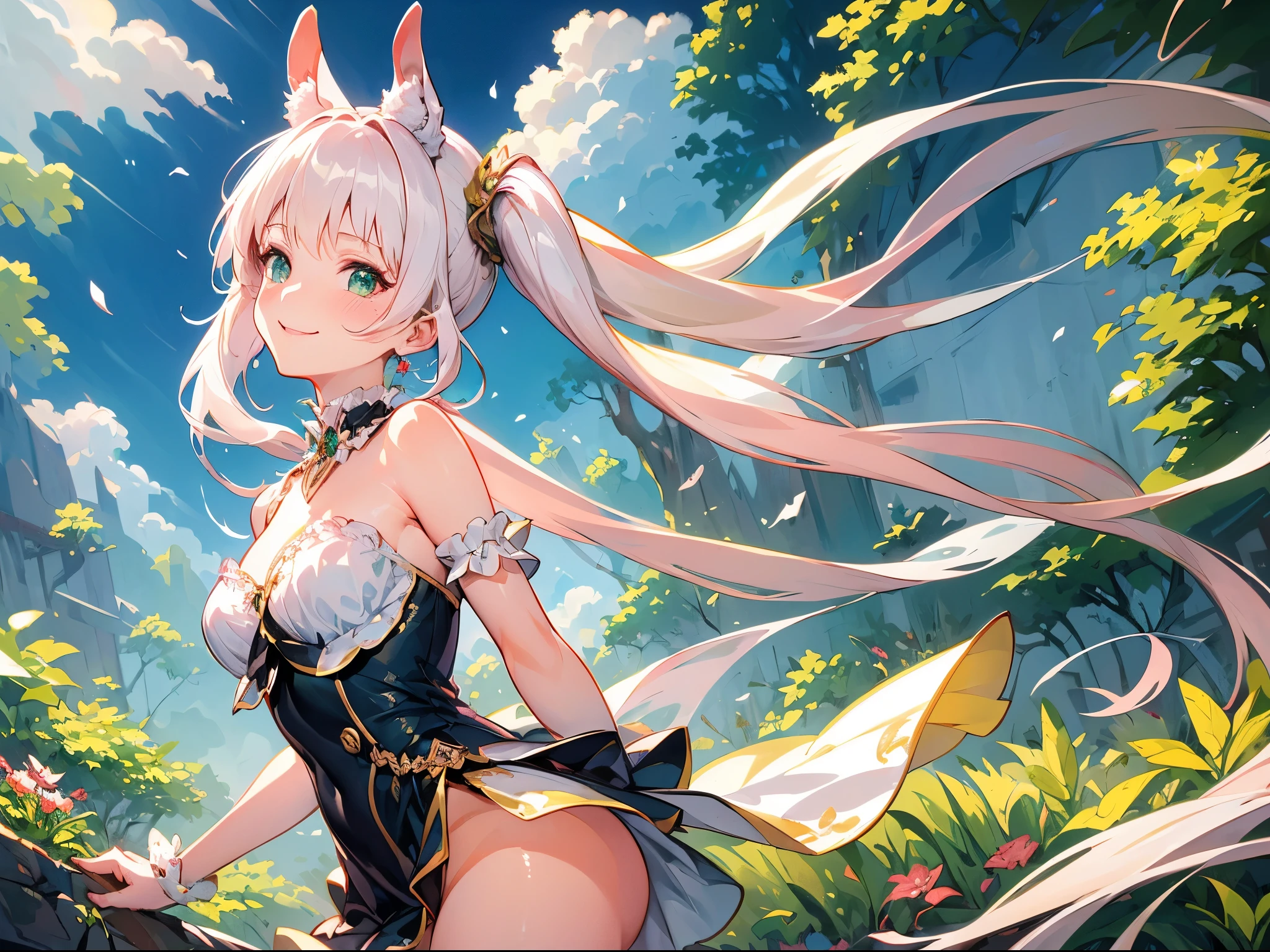 (Best quality),(4k), [highly grand details CG painting]!!,(cheer sticks),(((the Greatest masterpiece,))) (ultra detailed),(((magic girl))),(intricately details),(Natural,adorable face),((((beautiful forest))),(dynamic angles,)(breeze),(dynamic lighting),(blooming,synthetic wave), (reality: 0.7), solo,1 girl,Long eyelashes,twintails,watery eyes,reflected eyes,light pink haired deity,straight hair,floating hair,(formal dress),((elegant and conservative cloth)),seductive smile,arms behind back