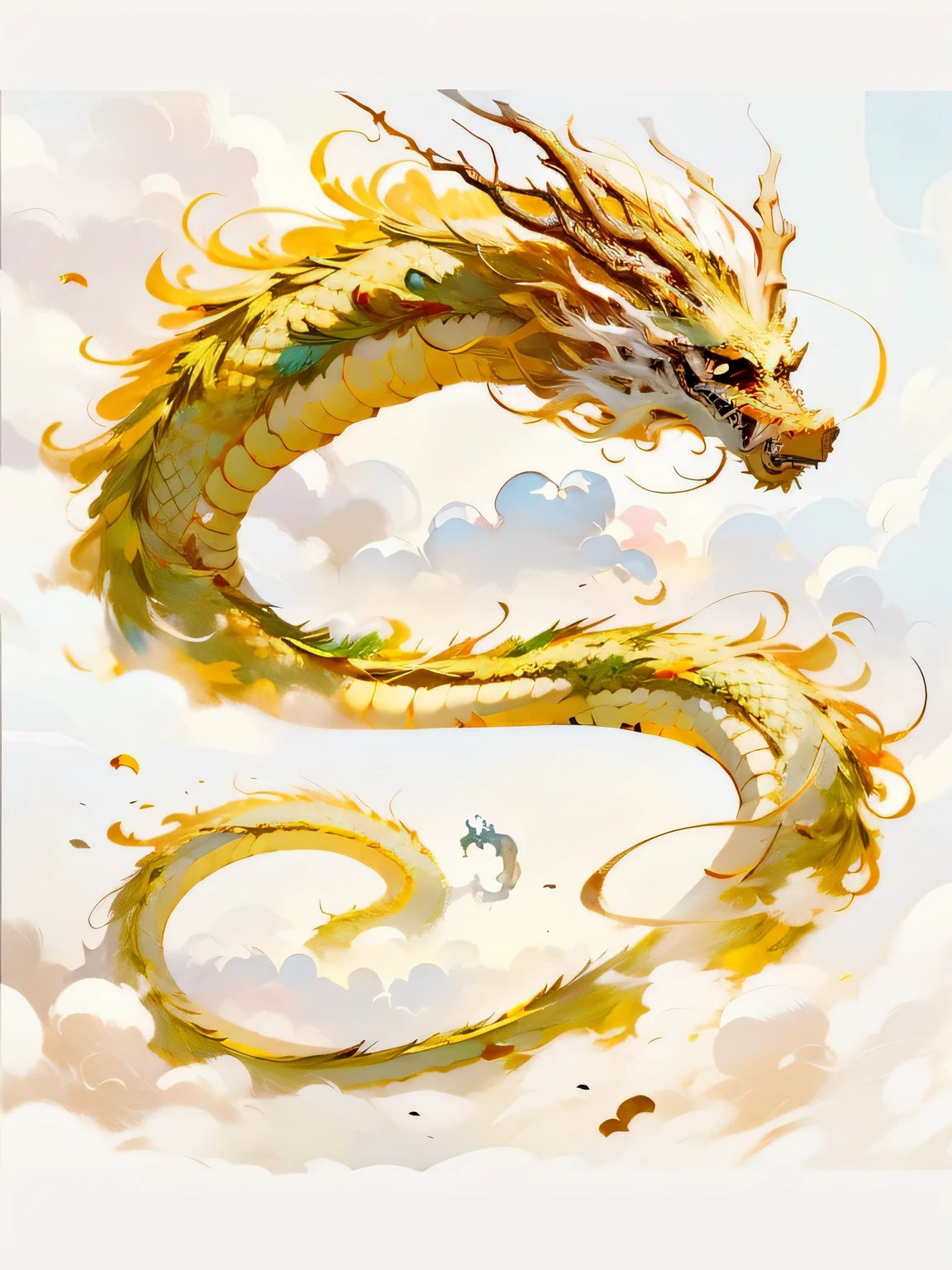 a yellow dragon with a long tail and a long tail, golden dragon, smooth chinese dragon, dragon, phoenix dragon, digital painting highly detailed, dragon art, a dragon, low detailed. digital painting, digital painting | intricate, inspired by Yang Jin, nine tails, golden dragonborn, inspired by Xie Sun, oil painting of dragon, highres