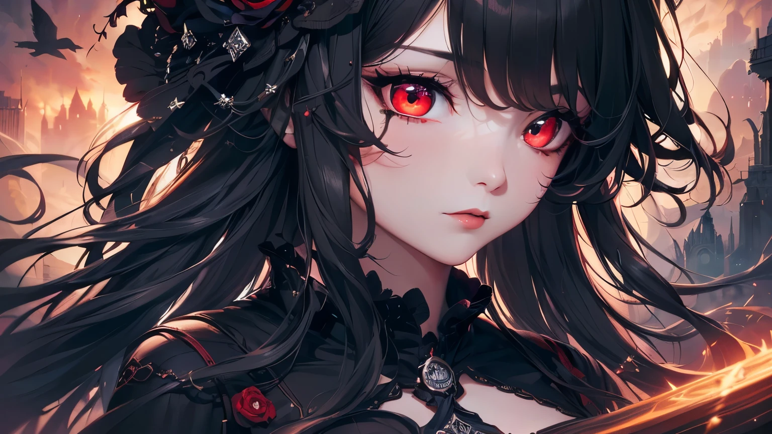 4K quality:1.2,1girl,sense of deps,disorganized,catch light,Super beautiful illustration,((black color,long hairstyles:1.3)),dark dark eyeshadow,(((4k,super beautiful,In detail,red eyes))),bright red lipstick,gothic lolita,beautiful and delicate hair 