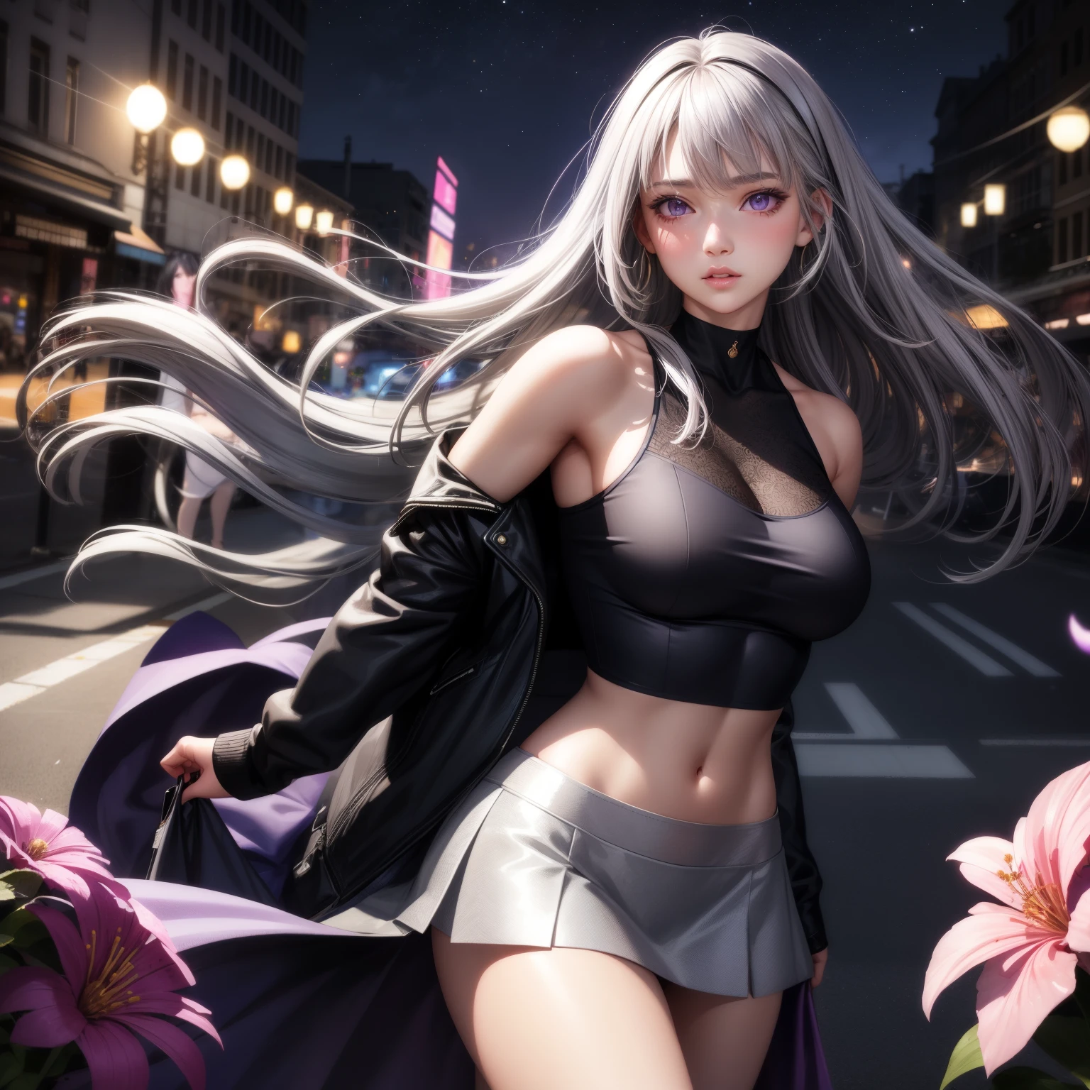 realistic, 1 girl, gray hair, purple eyes, shining eyes, crop top, skirt, parted lips, blush, night, flowers, sun, sunlight,