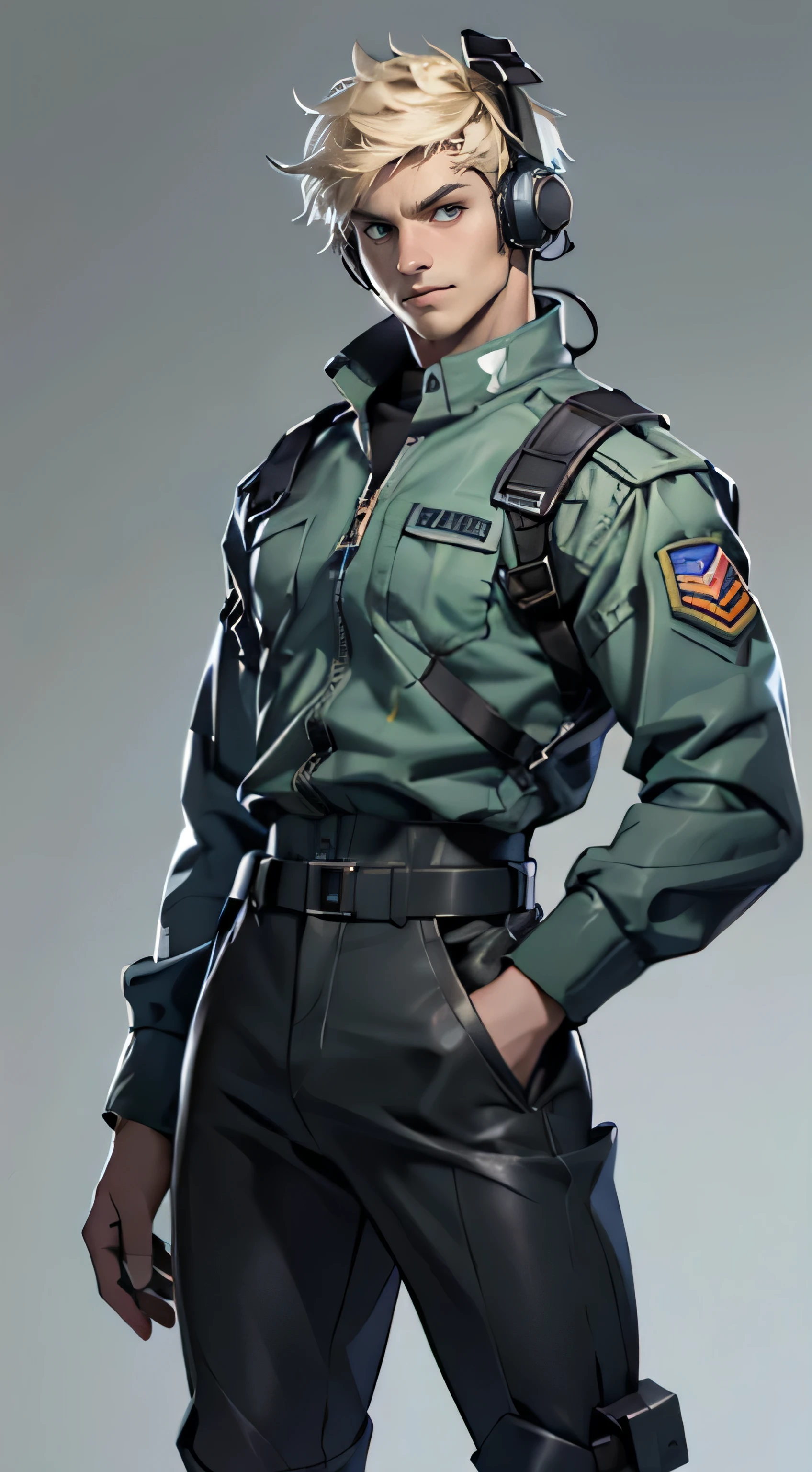 11:23(((best quality: 1.4))),(Unparalleled masterpiece), (Ultra high quality),(Hyper-realistic 8K CG)、(smiley face),(Headset devices),(light color short hair),(one hand raised to gesture),(Tech mech), ((( Body))), (((1 male))), 25-year-old American soldier with perfect Body,,Beautiful and well groomed face,muscular Body:1.2, (Pictures from head to thighs), Complex equipment, Tachibana,trousers,The clothes inside are dark,Clothes with armored metal electronic parts